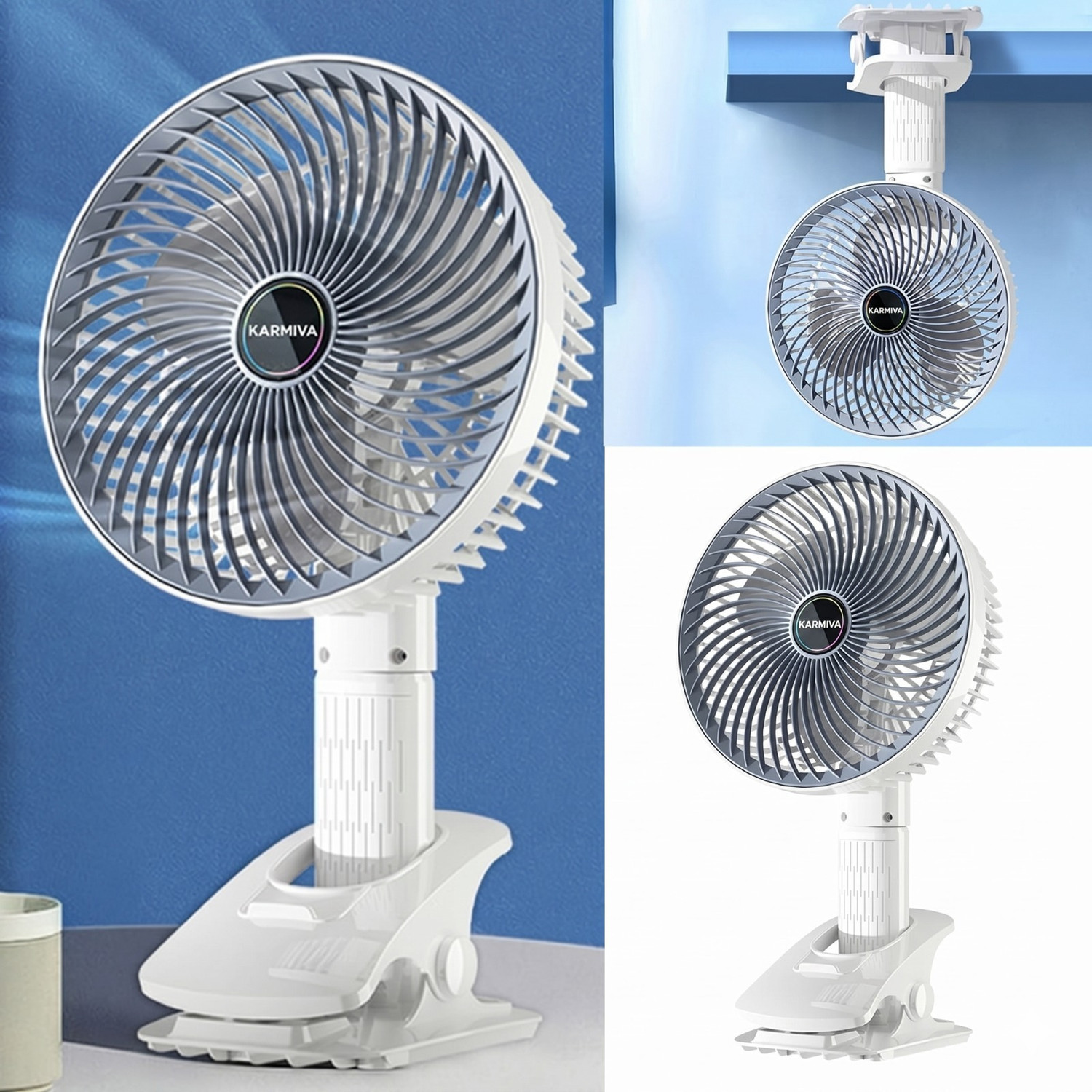 Image of KARMIVA Portable Clip On Fan Battery Operated 6 Inch USB Table Fan 3 Speed 150 mm with 12 Months Warranty High Air Delivery, BLDC Motor, Ultra High Speed, Energy Saving 150 mm Table Fan (Multicolor | Pack of 1)