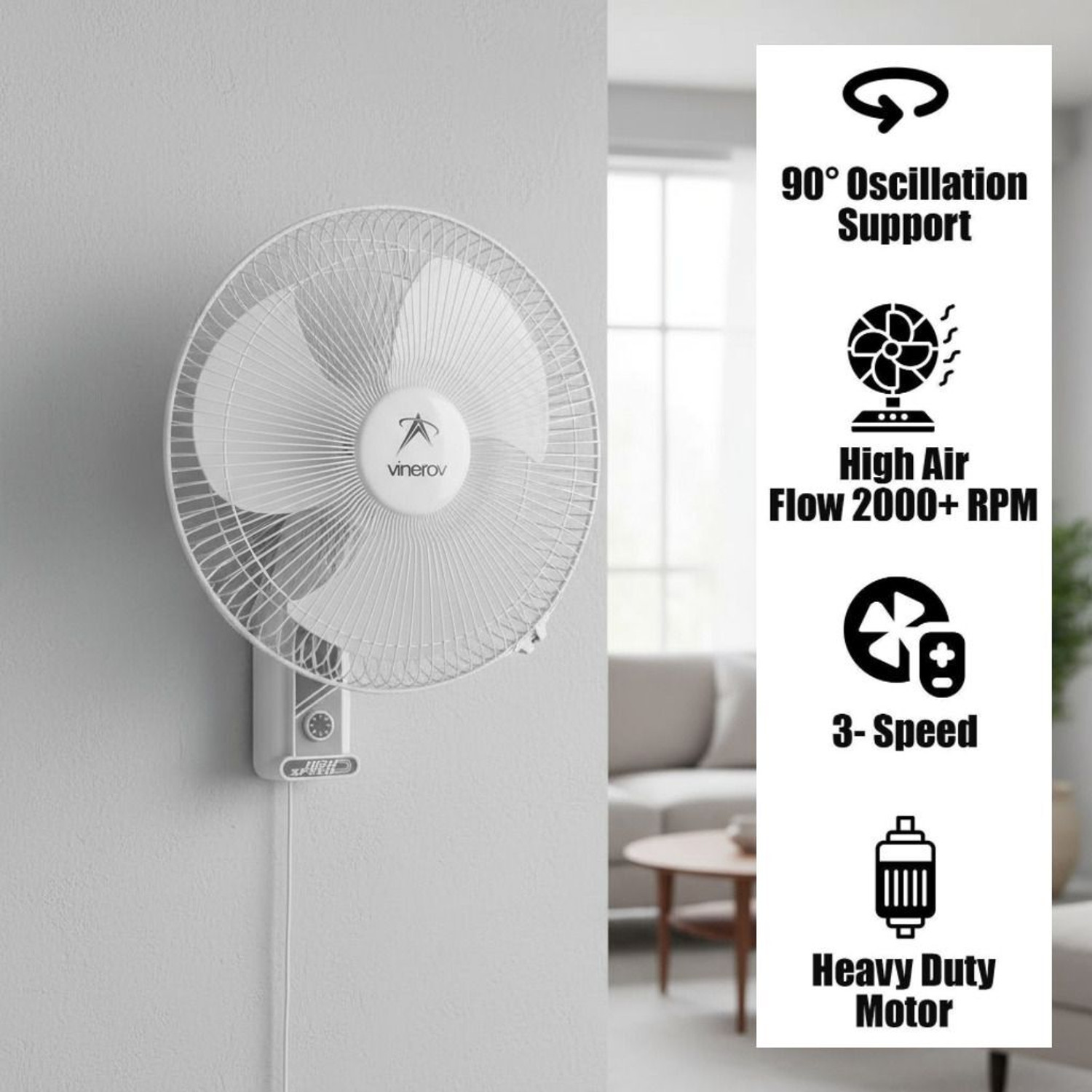 Image of Vinerov Turbo HS | 2000+ RPM | 90 Oscillation | Double Rope | Home, Office & Outdoor with 1 Year Warranty 400 mm Wall Fan (White | Pack of 1)