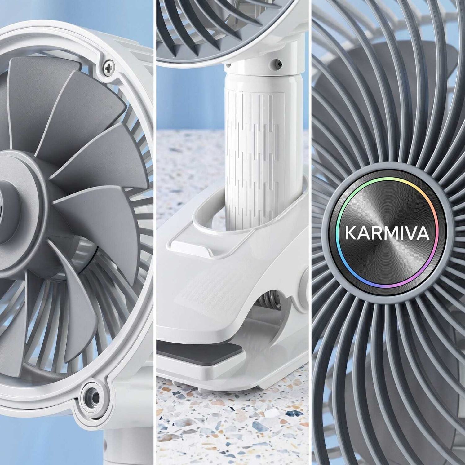 Image of KARMIVA Portable Clip On Fan Battery Operated 6 Inch USB Table Fan 3 Speed 150 mm with 12 Months Warranty High Air Delivery, BLDC Motor, Ultra High Speed, Energy Saving 150 mm Table Fan (Multicolor | Pack of 1)