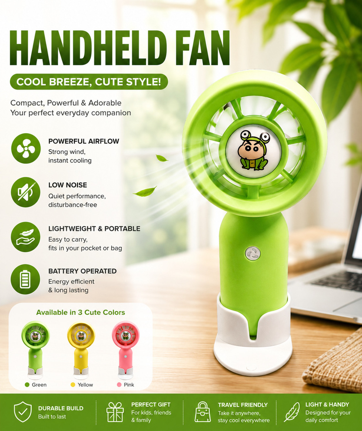 Image of uzone Portable mist cooling fan with powerful 5-Spray airflow-silent operation Air Cooler Spray Function Portable Mist Cooling For Home Office and Outdoor Uses USB Air Cooler (Green)