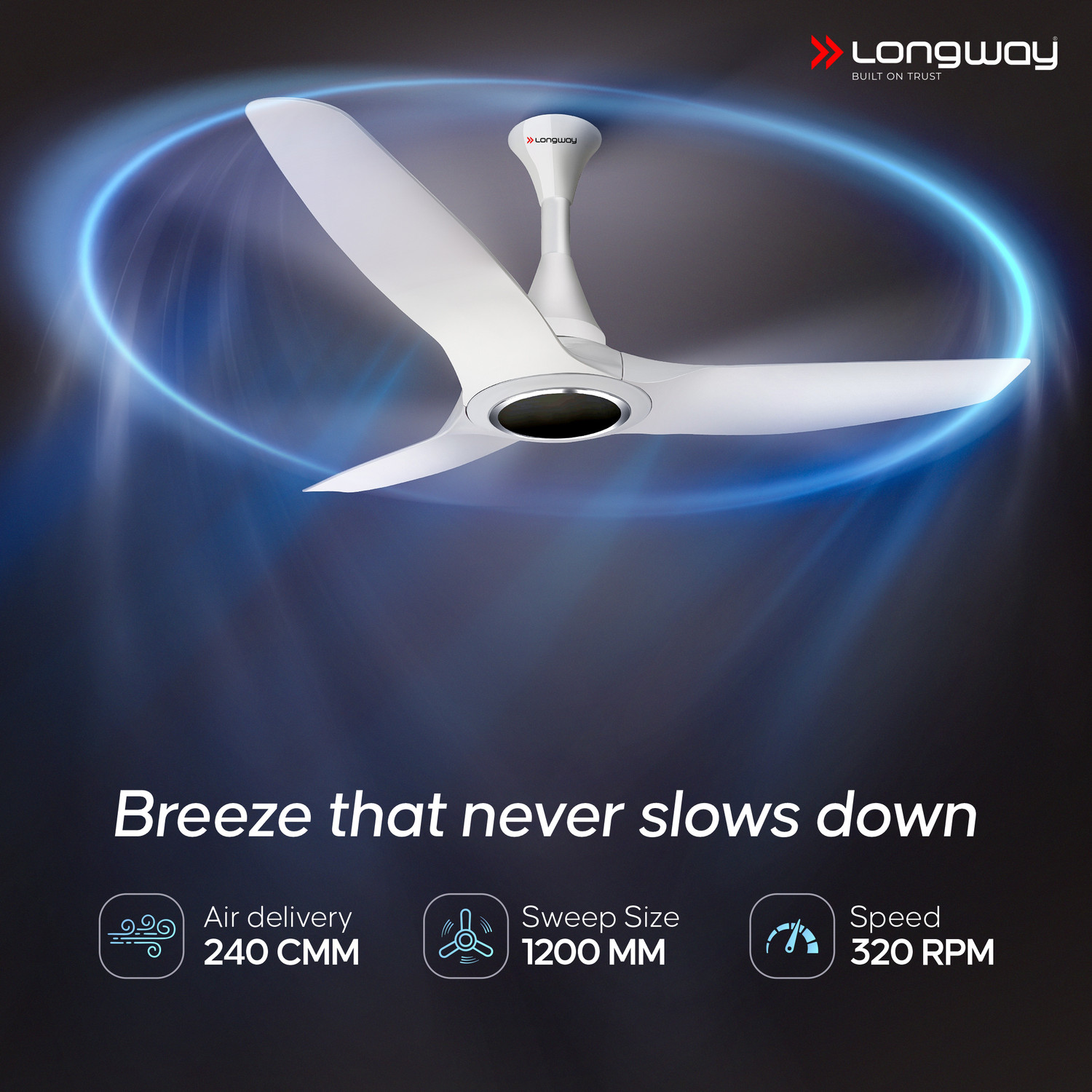 Image of Longway Glideon with 5 Year Warranty BLDC Motor with Remote 1200 mm Ceiling Fan (5 Star | White | Pack of 1)