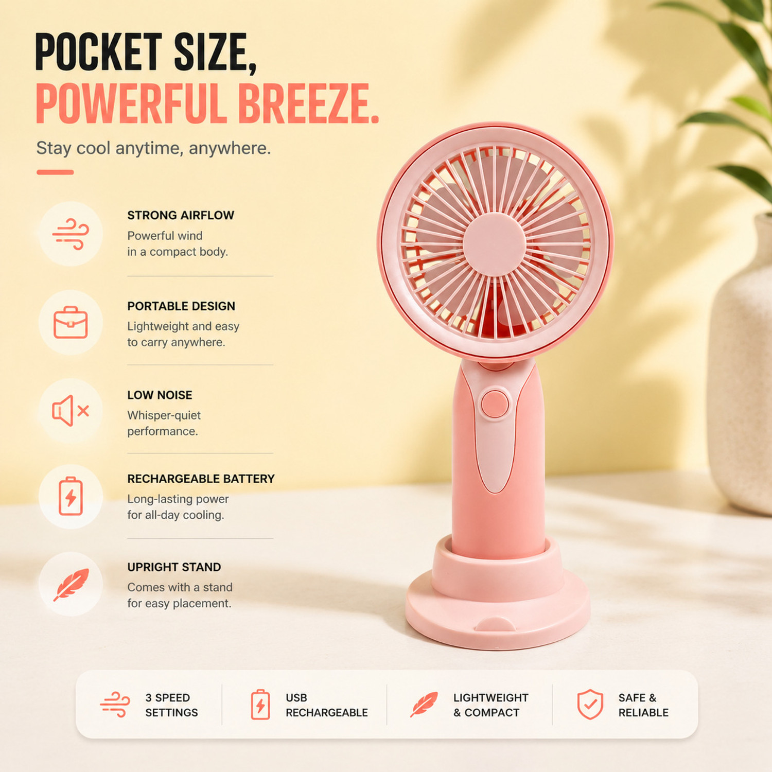 Image of YAKUNOX Rechargeable Mini Handheld Fan with Stand | Portable USB Fan 2 Speed BLDC Motor 100 mm Table Fan (multi colour | Pack of 1)