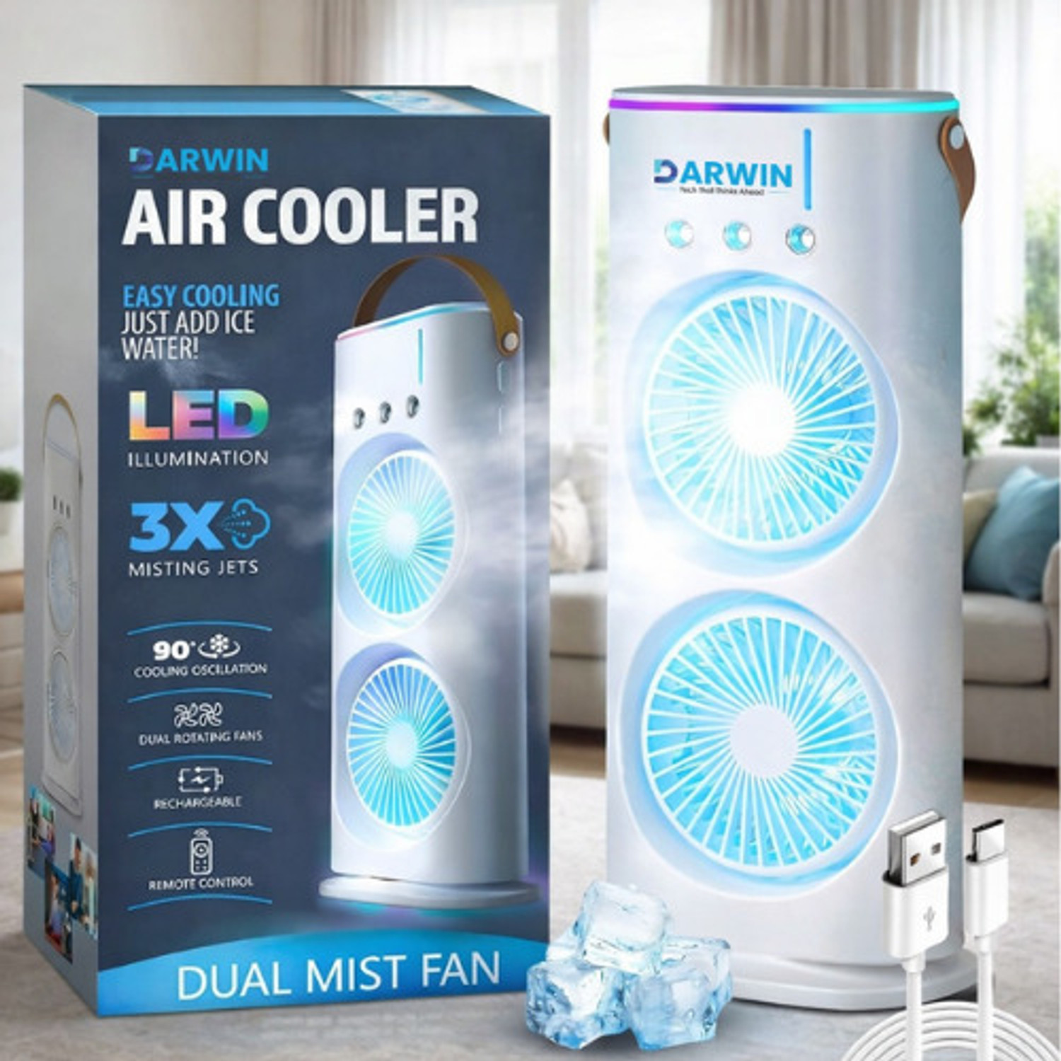Image of yogi Mist Fan with Water Tank High Speed Cooling Fan Outdoor Air Cooler Anti Dust, High Air Delivery, Silent Operation, Ultra High Speed 0.3 mm Tower Fan (4 Star | Multicolor | Pack of 1)