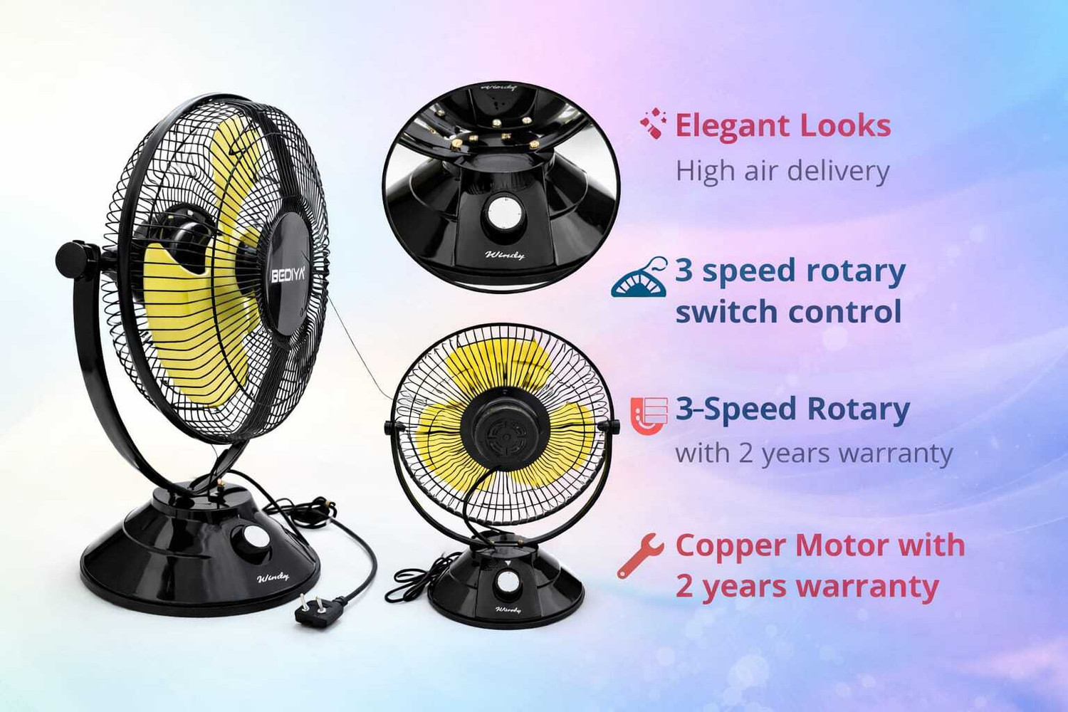 Image of Bediya Windy-12 with 2 Year Warranty 300 mm Table Fan (Yellow, Black | Pack of 1)