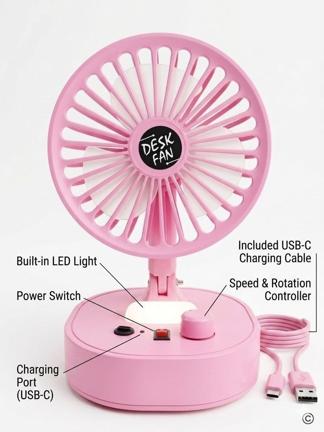 Image of Rdecom Mini USB Desk Rechargeable Fan with LED Light 6 Speed Moodes And Easy to Carry With LED Indicators 100 mm Table Fan (Pink | Pack of 1)