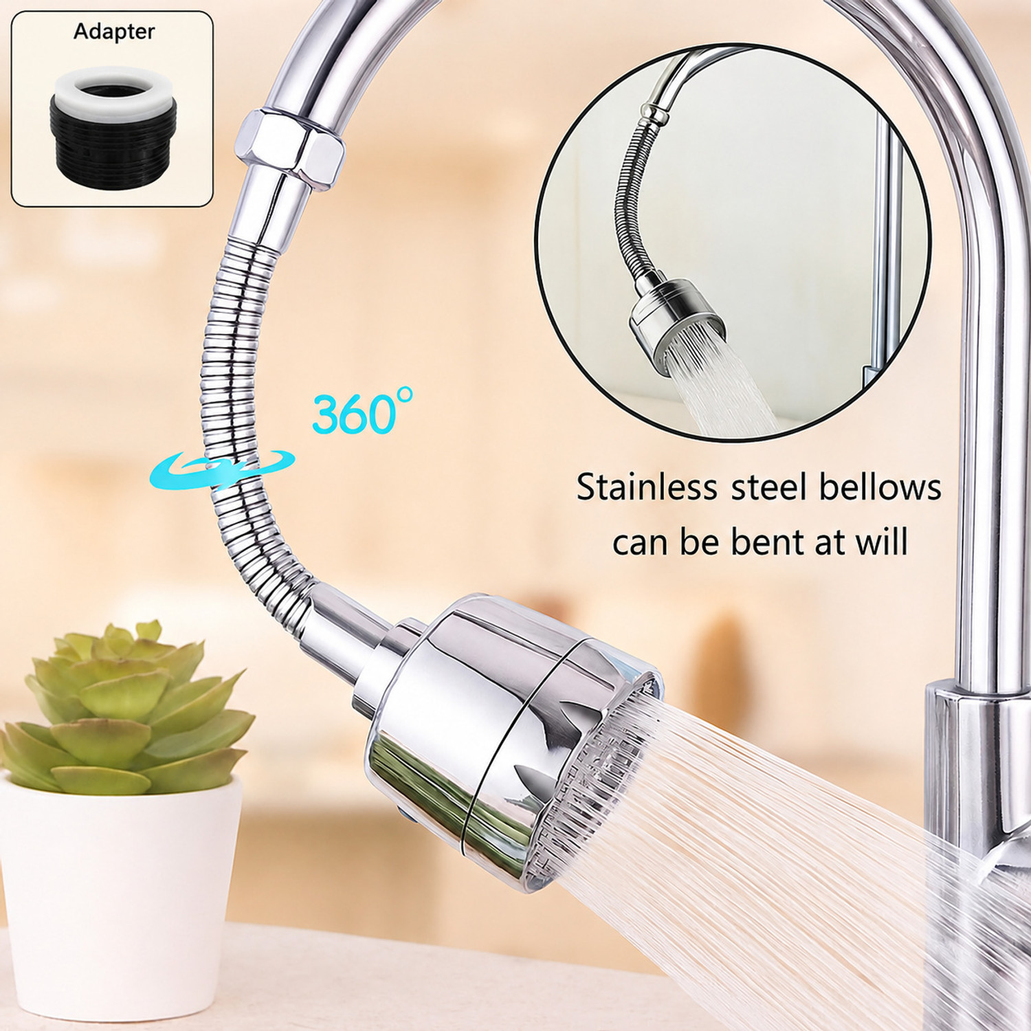Image of KYORSI Stainless Steel 1080 Two Gear Extension Faucet Aerator Universal Rotating Faucet Function Diverter (Push On)