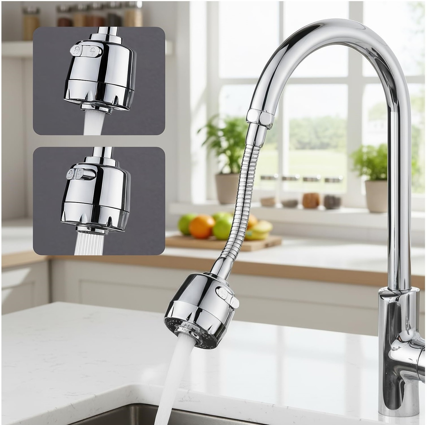 Image of KYORSI Stainless Steel 1080 Two Gear Extension Faucet Aerator Universal Rotating Faucet Function Diverter (Push On)