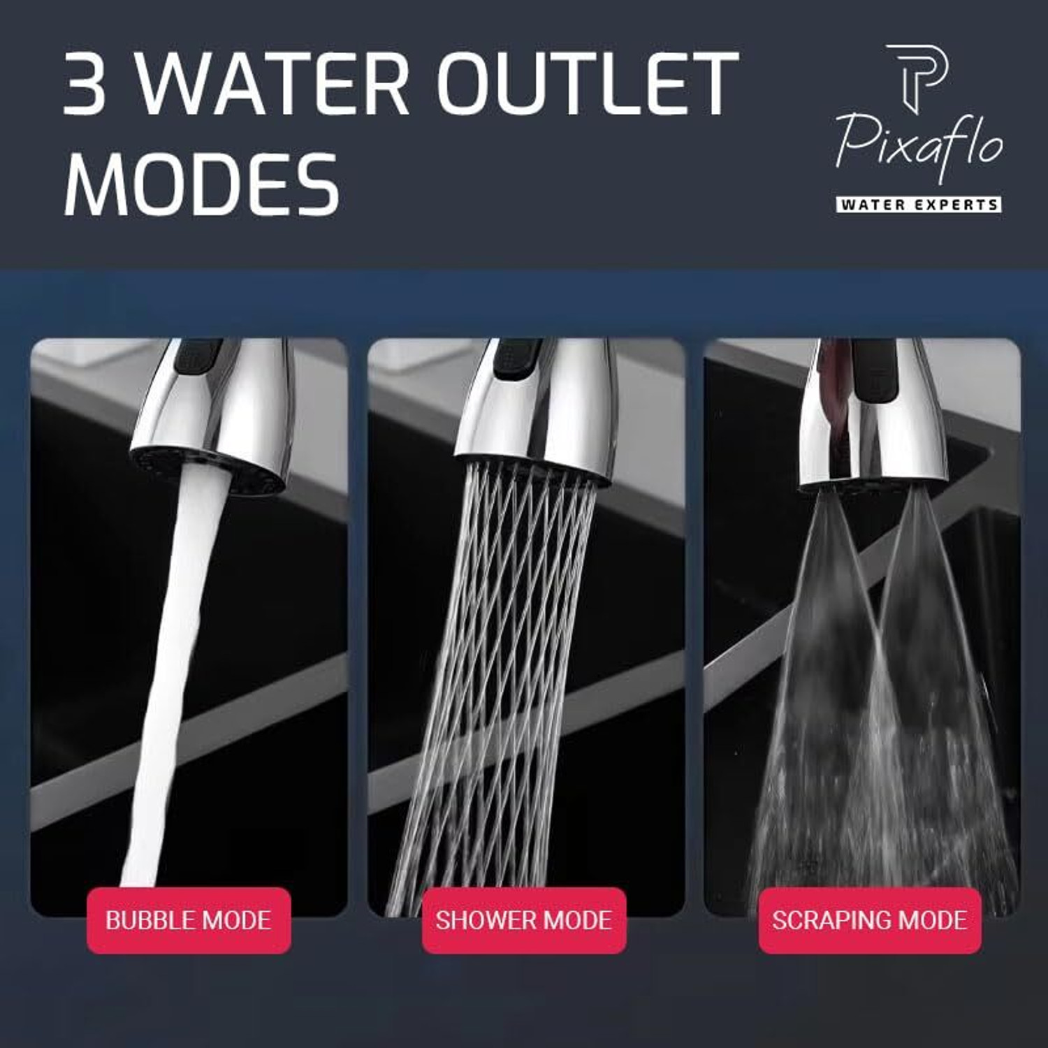 Image of PIXAFLO Universal Tap Extender for Kitchen Sink 3-Function Pull Down Faucet Head Tap Extender for Kitchen Sink, Flexible Faucet with Tap Extension Aerator Foam Flow Faucet (Spout Installation Type)