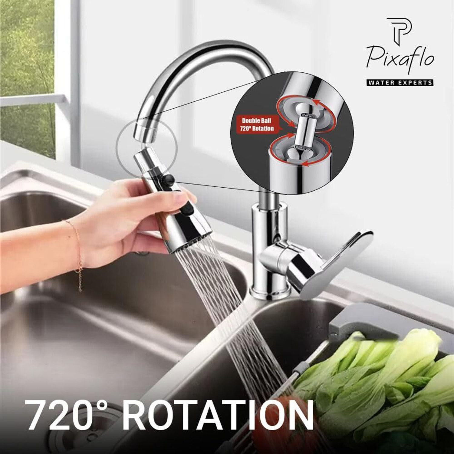 Image of PIXAFLO Universal Tap Extender for Kitchen Sink 3-Function Pull Down Faucet Head Tap Extender for Kitchen Sink, Flexible Faucet with Tap Extension Aerator Foam Flow Faucet (Spout Installation Type)