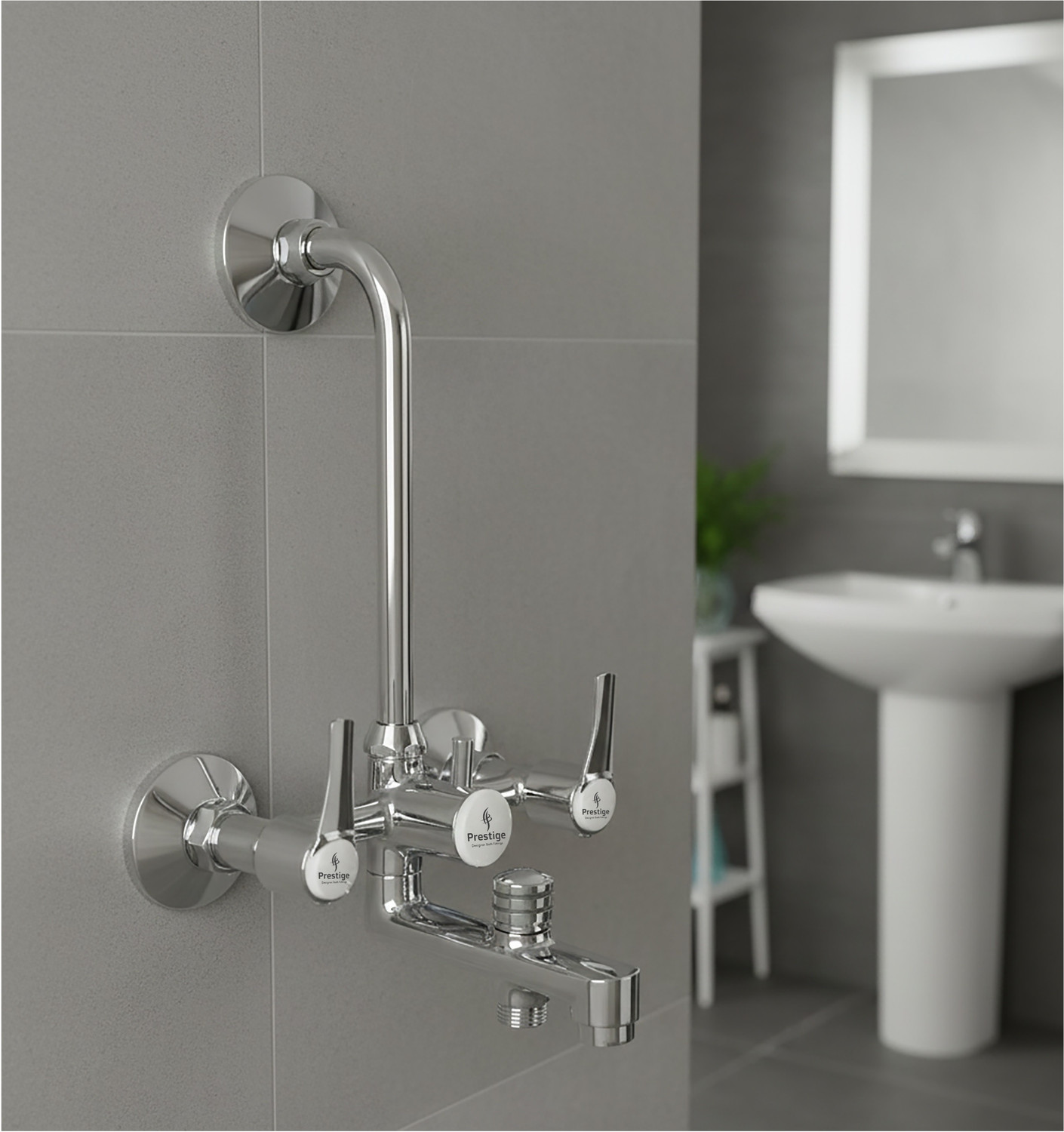 Image of Prestige Step Wall Mixer 3-in-1 | Wall Mounted Bathroom Mixer with L Band Step Wall Mixer 3-in-1 Wall Mixer Faucet (Wall Mount Installation Type)