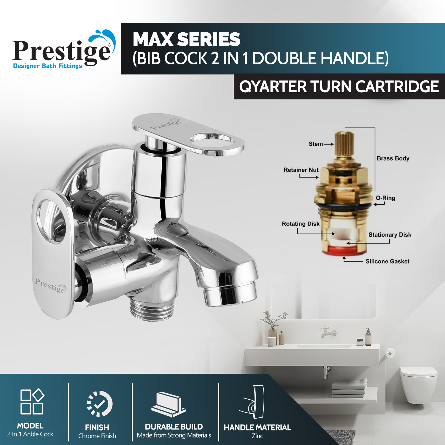 Image of Prestige Brass Max Bib Cock 2Way Silver Steel Brass Max Bib Cock 2Way Silver Bib Tap Faucet (Wall Mount Installation Type)