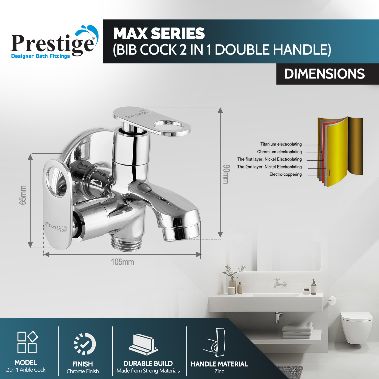 Image of Prestige Brass Max Bib Cock 2Way Silver Steel Brass Max Bib Cock 2Way Silver Bib Tap Faucet (Wall Mount Installation Type)