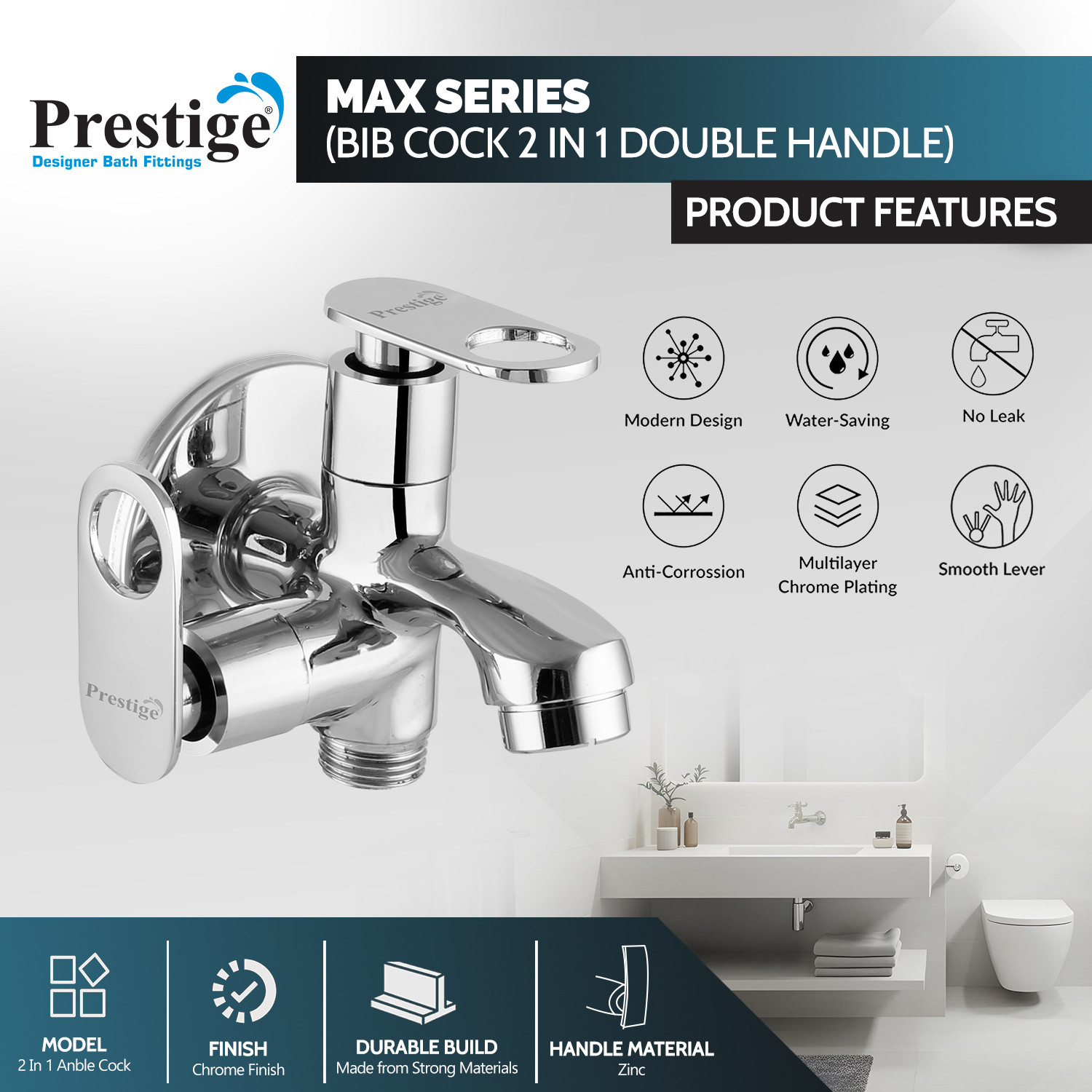 Image of Prestige Brass Max Bib Cock 2Way Silver Steel Brass Max Bib Cock 2Way Silver Bib Tap Faucet (Wall Mount Installation Type)