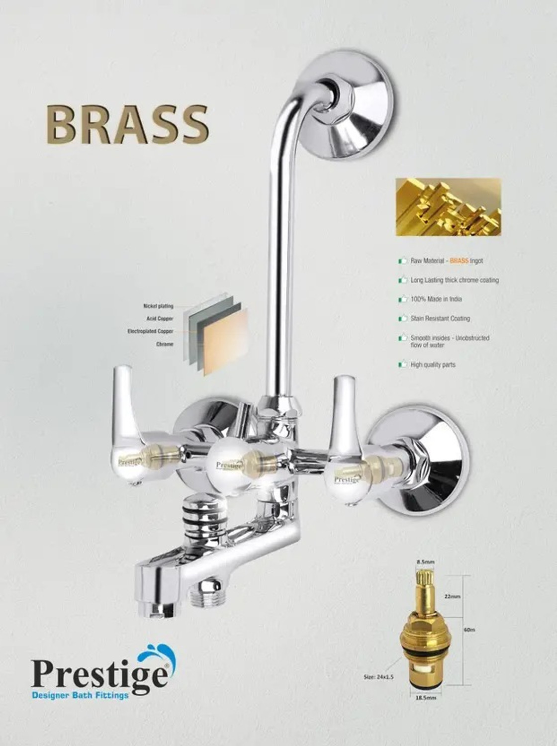Image of Prestige Step Wall Mixer 3-in-1 | Wall Mounted Bathroom Mixer with L Band Step Wall Mixer 3-in-1 Wall Mixer Faucet (Wall Mount Installation Type)