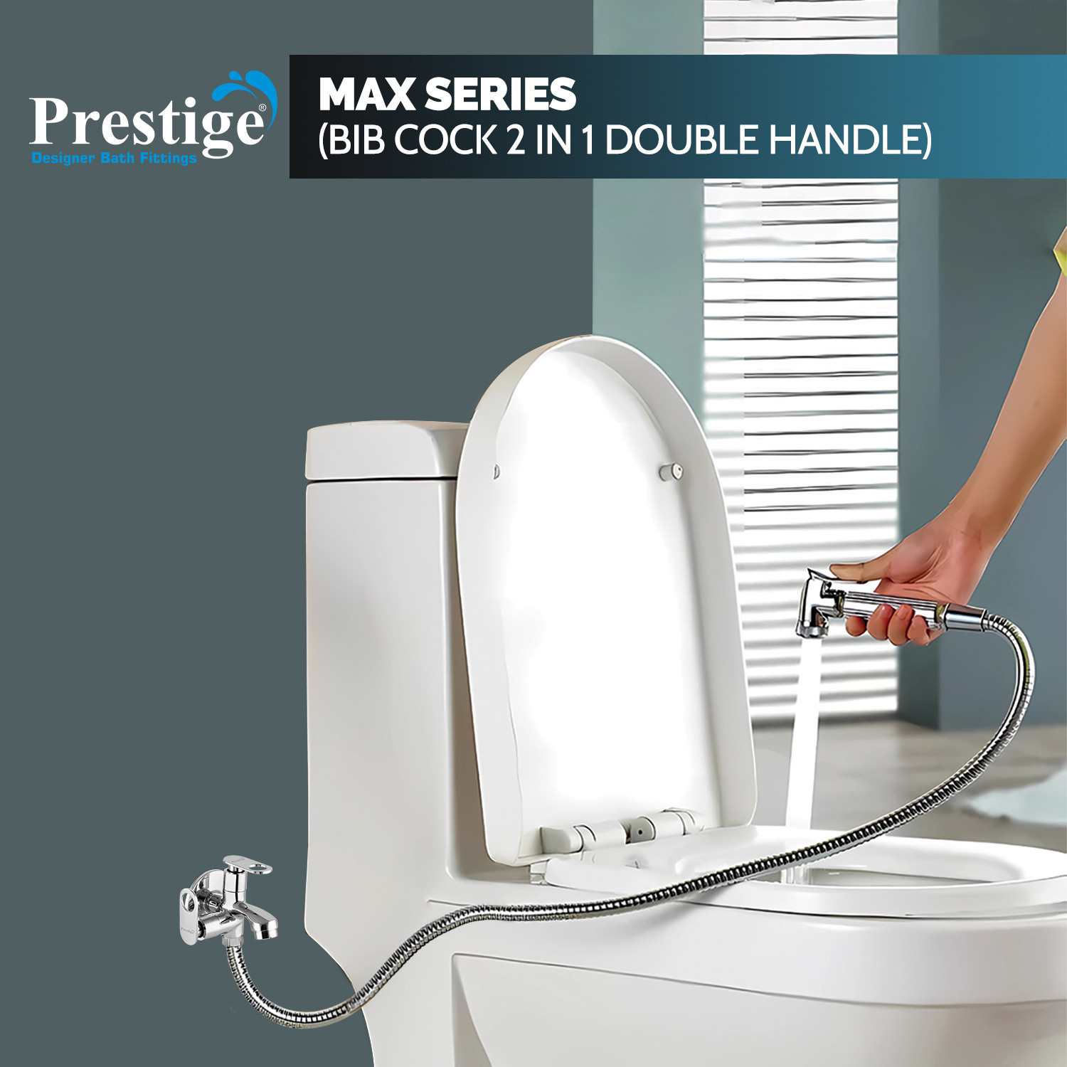 Image of Prestige Brass Max Bib Cock 2Way Silver Steel Brass Max Bib Cock 2Way Silver Bib Tap Faucet (Wall Mount Installation Type)