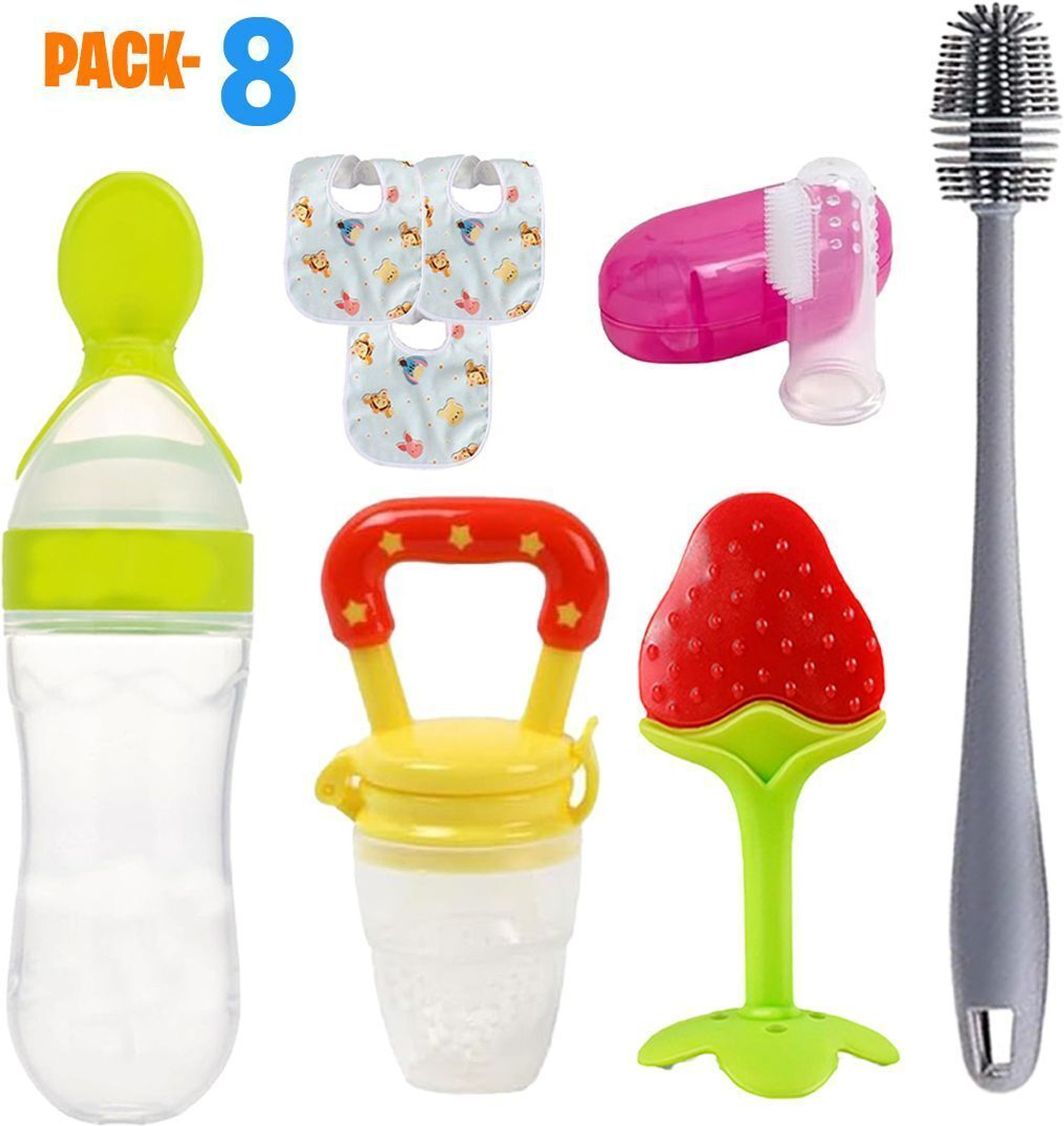 Image of Smiley mia Baby Pack of 8 combo set for teething, feeding & Grooming product for daily need - Silicone (MultiColor 8pc)