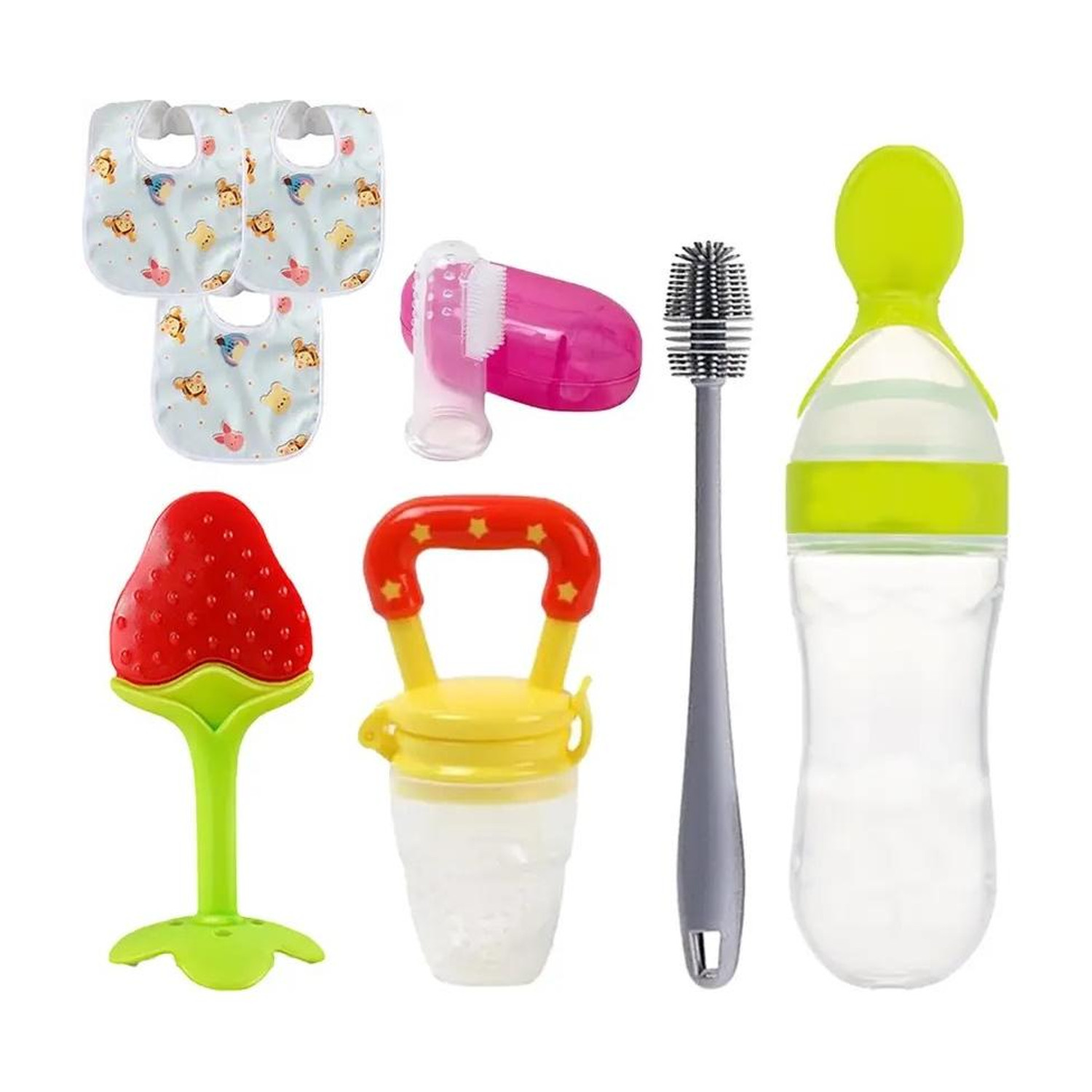 Image of Smiley mia Baby Pack of 8 combo set for teething, feeding & Grooming product for daily need - Silicone (MultiColor 8pc)