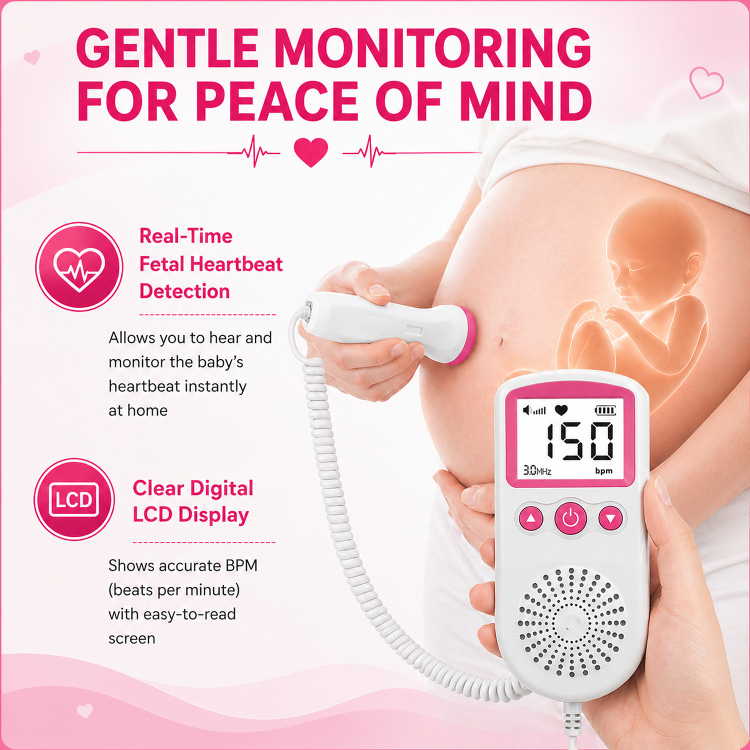 Image of PLEXAL Portable Fetal Doppler Baby Heartbeat Monitor LCD Display Pregnancy Care White Fetal Doppler