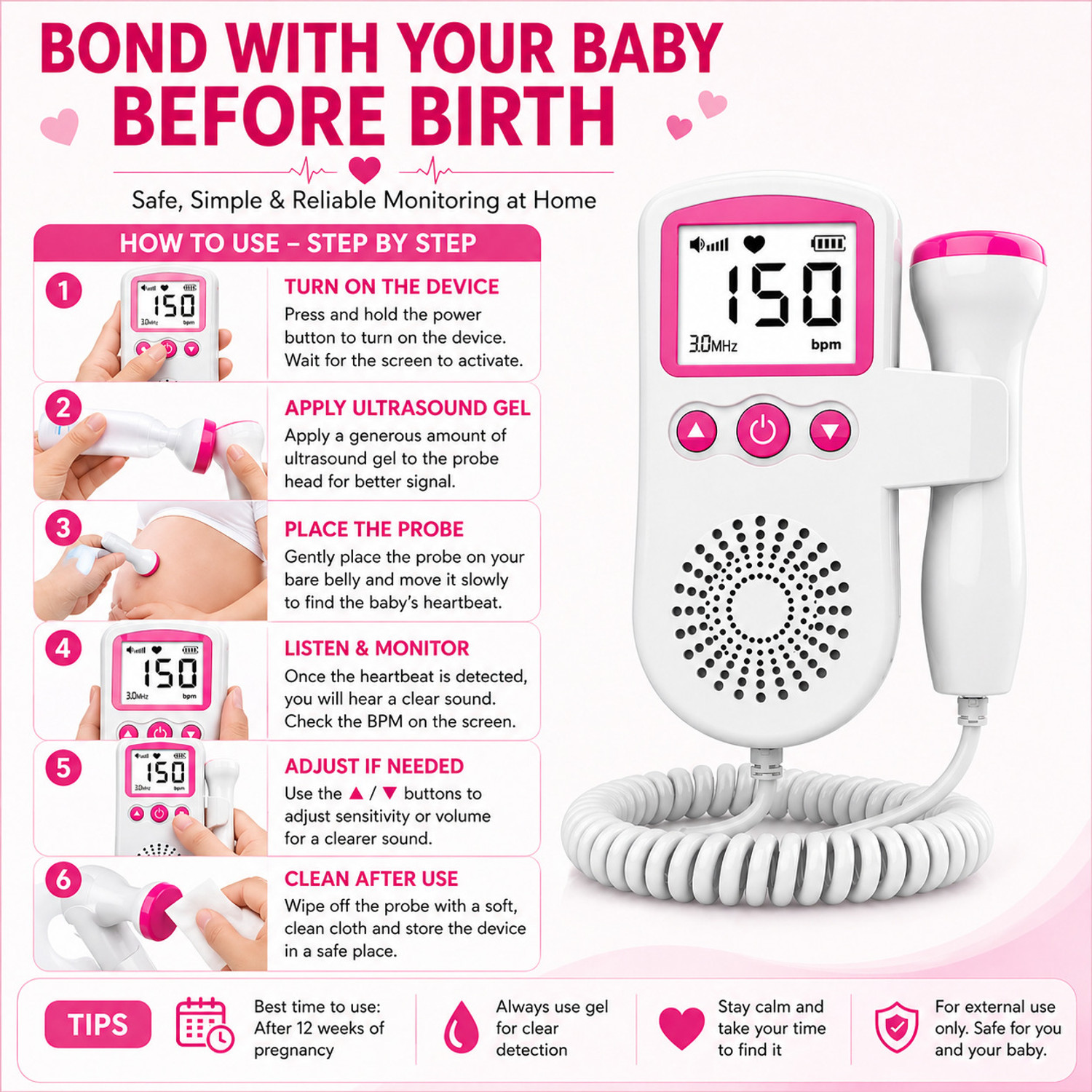 Image of PLEXAL Portable Fetal Doppler Baby Heartbeat Monitor LCD Display Pregnancy Care White Fetal Doppler