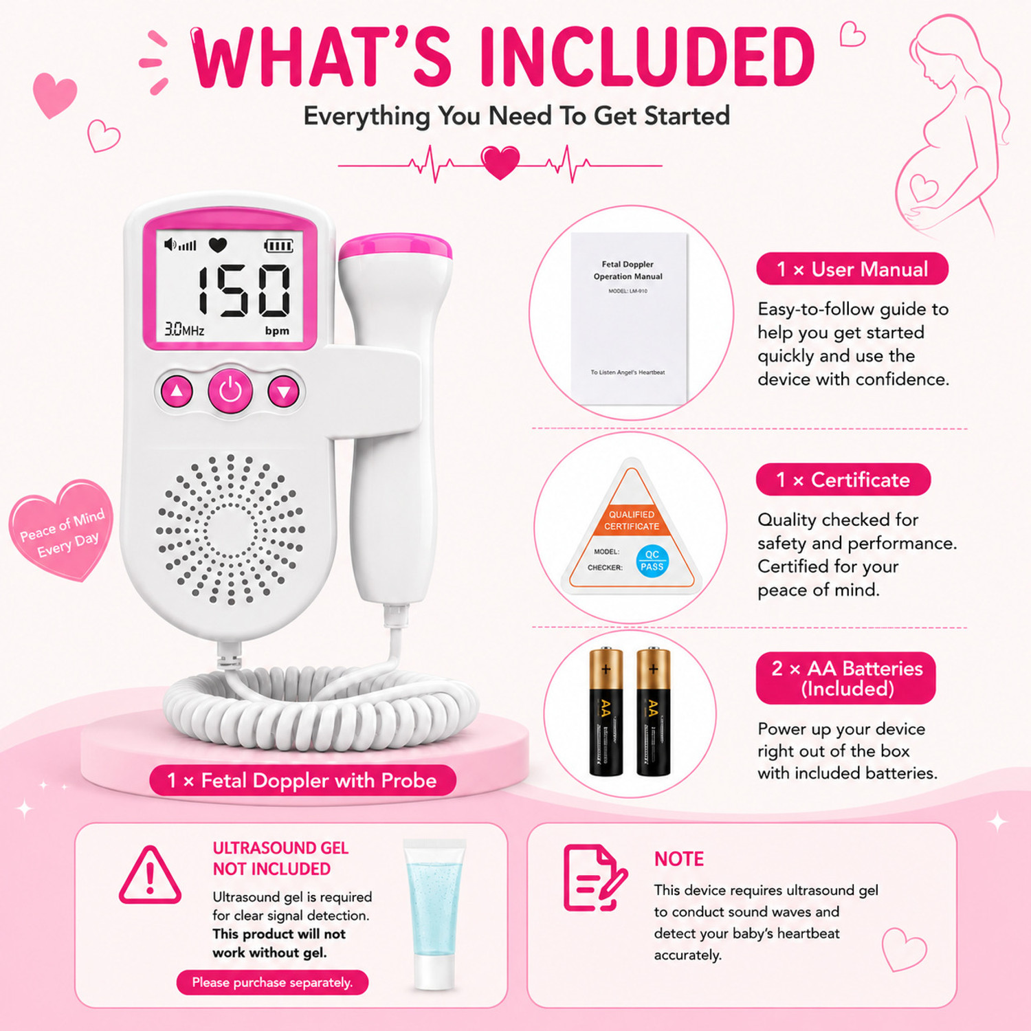 Image of PLEXAL Portable Fetal Doppler Baby Heartbeat Monitor LCD Display Pregnancy Care White Fetal Doppler