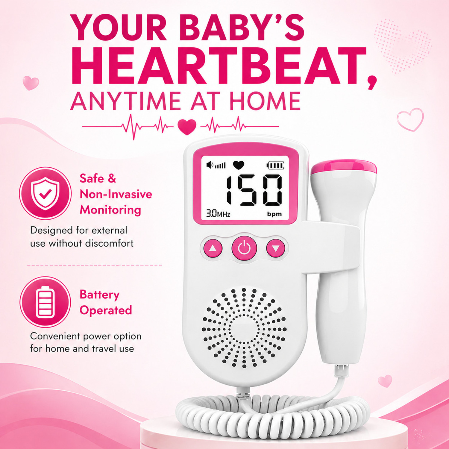 Image of PLEXAL Portable Fetal Doppler Baby Heartbeat Monitor LCD Display Pregnancy Care White Fetal Doppler