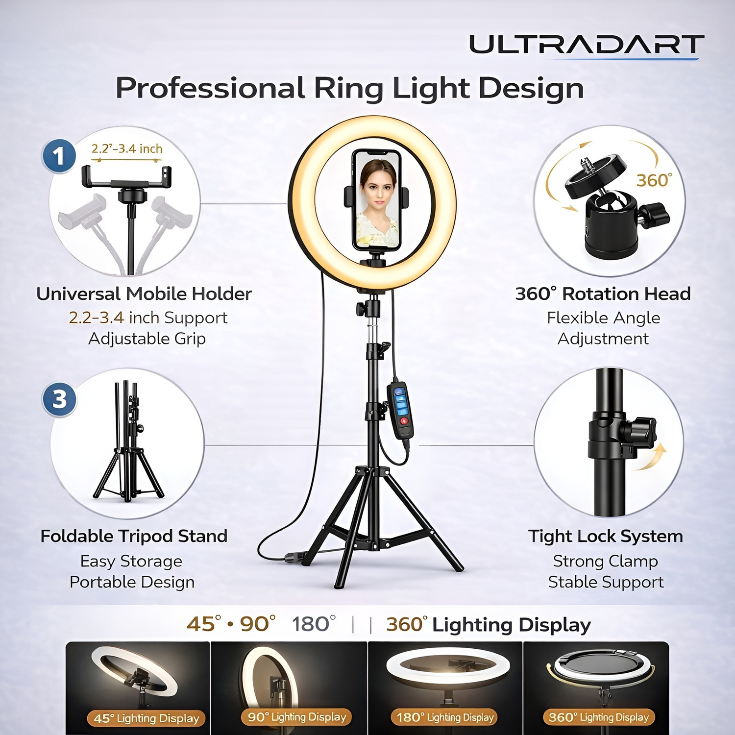 Image of ULTRADART Professional 12 Inch Ring Light with Stand for Reels & Photography Ring Flash (White)