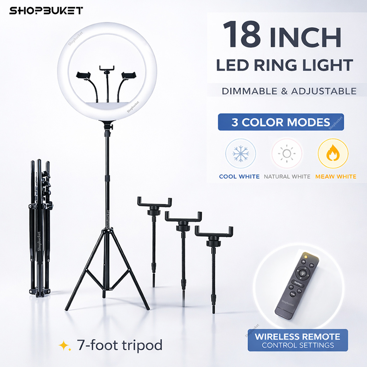Image of GADGETSWAY 46 CM (18 inch) Big LED Ring Light with 3 Holder Dimmable Lighting Ring Flash (White Light, Natural Light)
