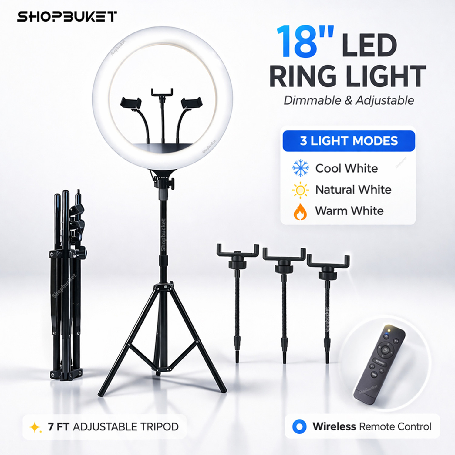 Image of shopbucket 14 Inch LED Ring Light 7 Ft Tripod Stand 3 Mode for Creator Setup Ring Flash (White)
