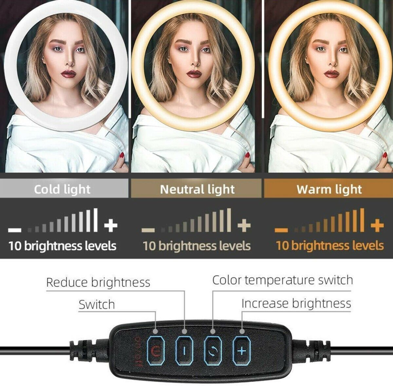 Image of JAMMY ZONES Professional 10''LED Ring Light 7ft Tripod Stand video,Reels 3 Color Modes J106 Ring Flash (White, Black)