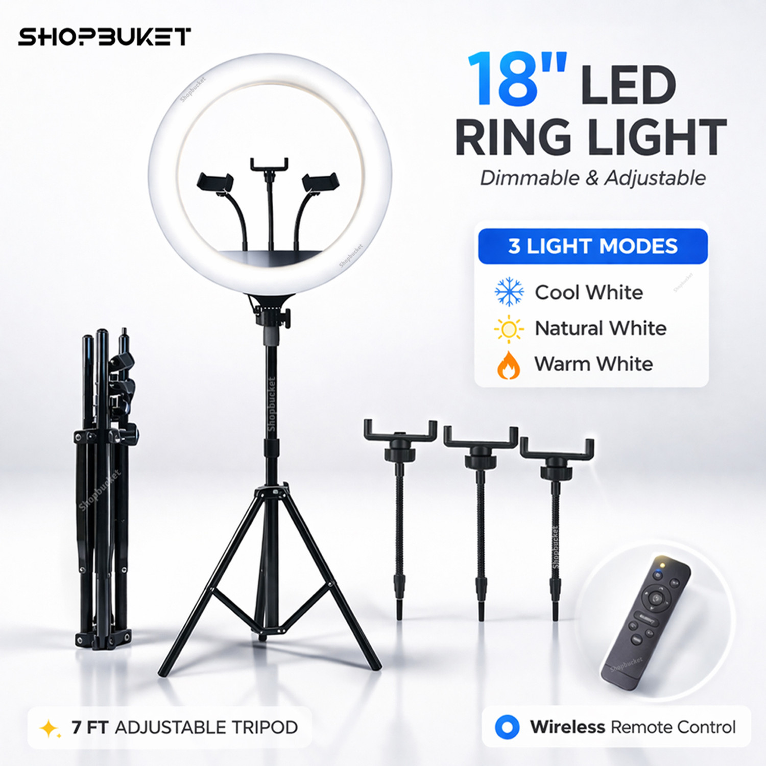Image of GADGETSWAY 46 CM (18 inch) Big LED Ring Light with 3 Holder Dimmable Lighting Ring Flash (White Light, Natural Light)