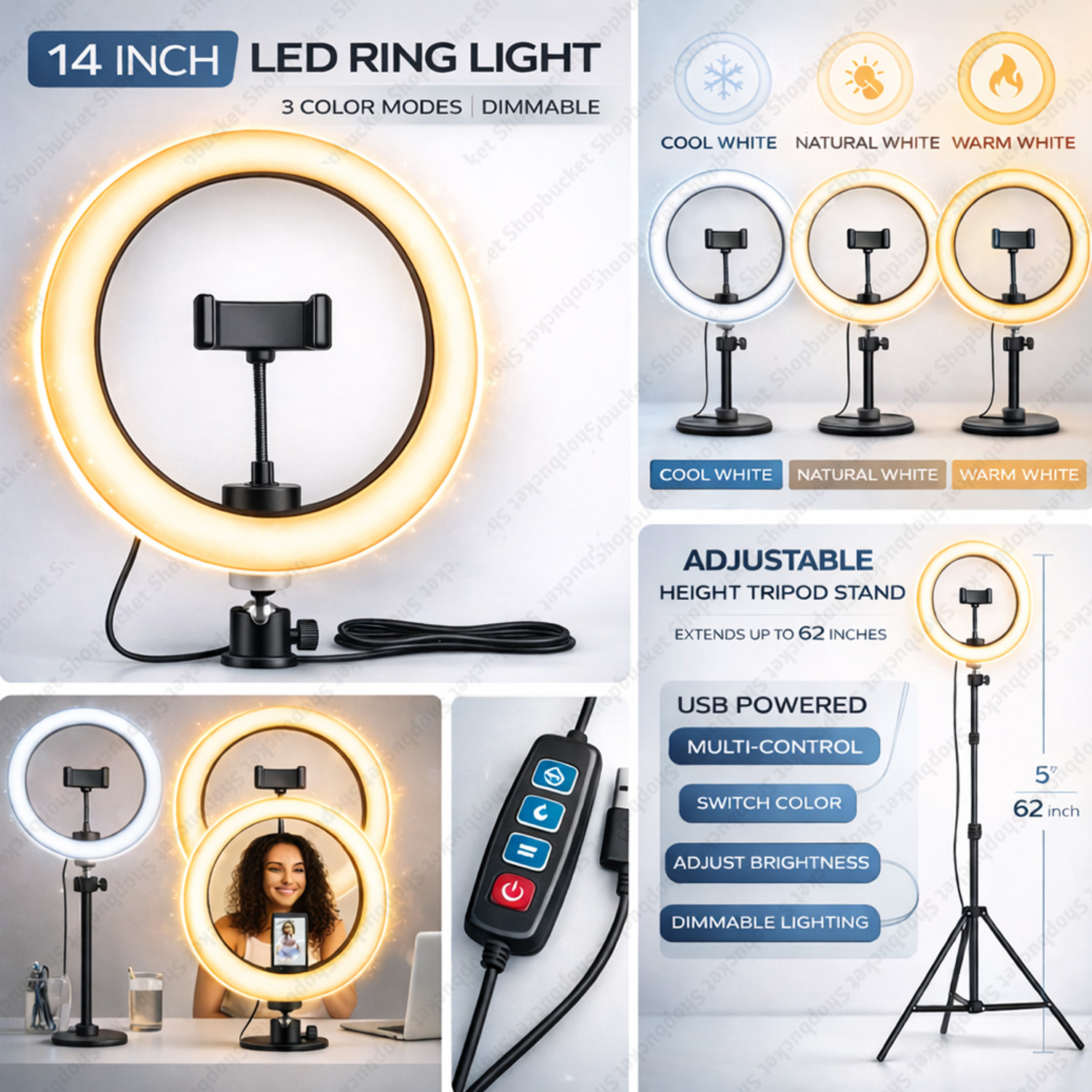 Image of SB 14 Inch LED Ring Light with 7 Ft Metal Stand 3 Mode for Studio Light Ring Flash (White)