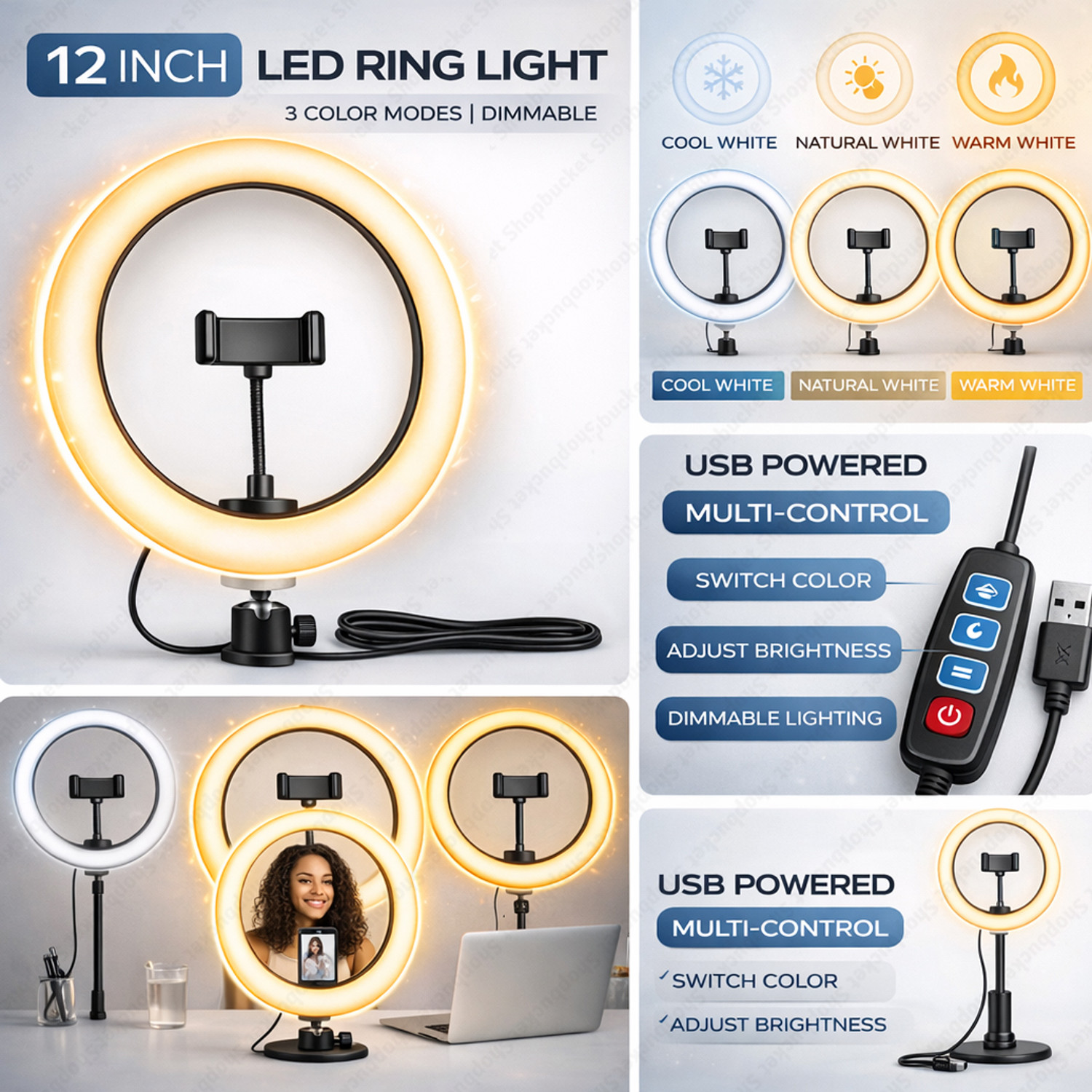 Image of GADGETSWAY 46 CM (18 inch) Big LED Ring Light with 3 Holder Dimmable Lighting Ring Flash (White Light, Natural Light)