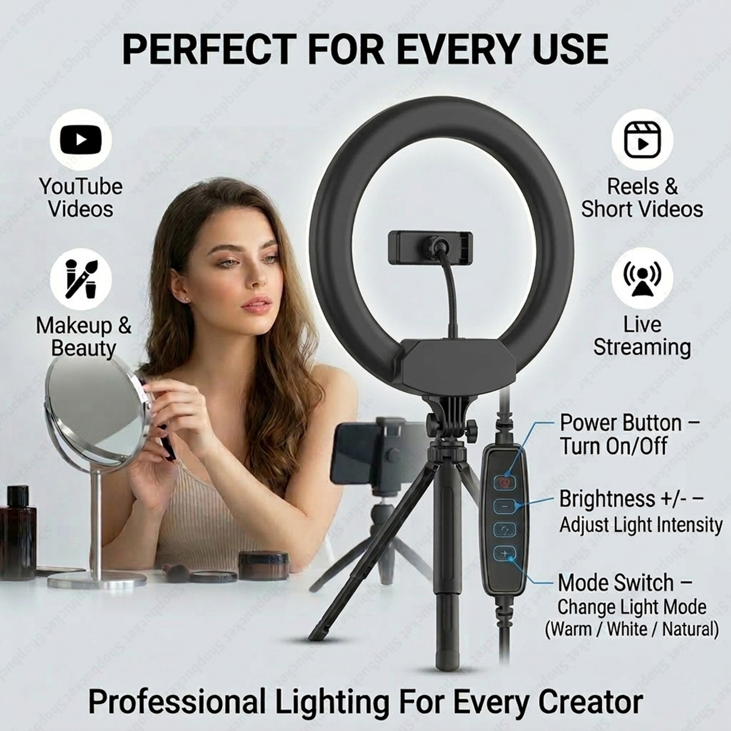 Image of SB 14 Inch LED Ring Light with 7 Ft Metal Stand 3 Mode for Studio Light Ring Flash (White)