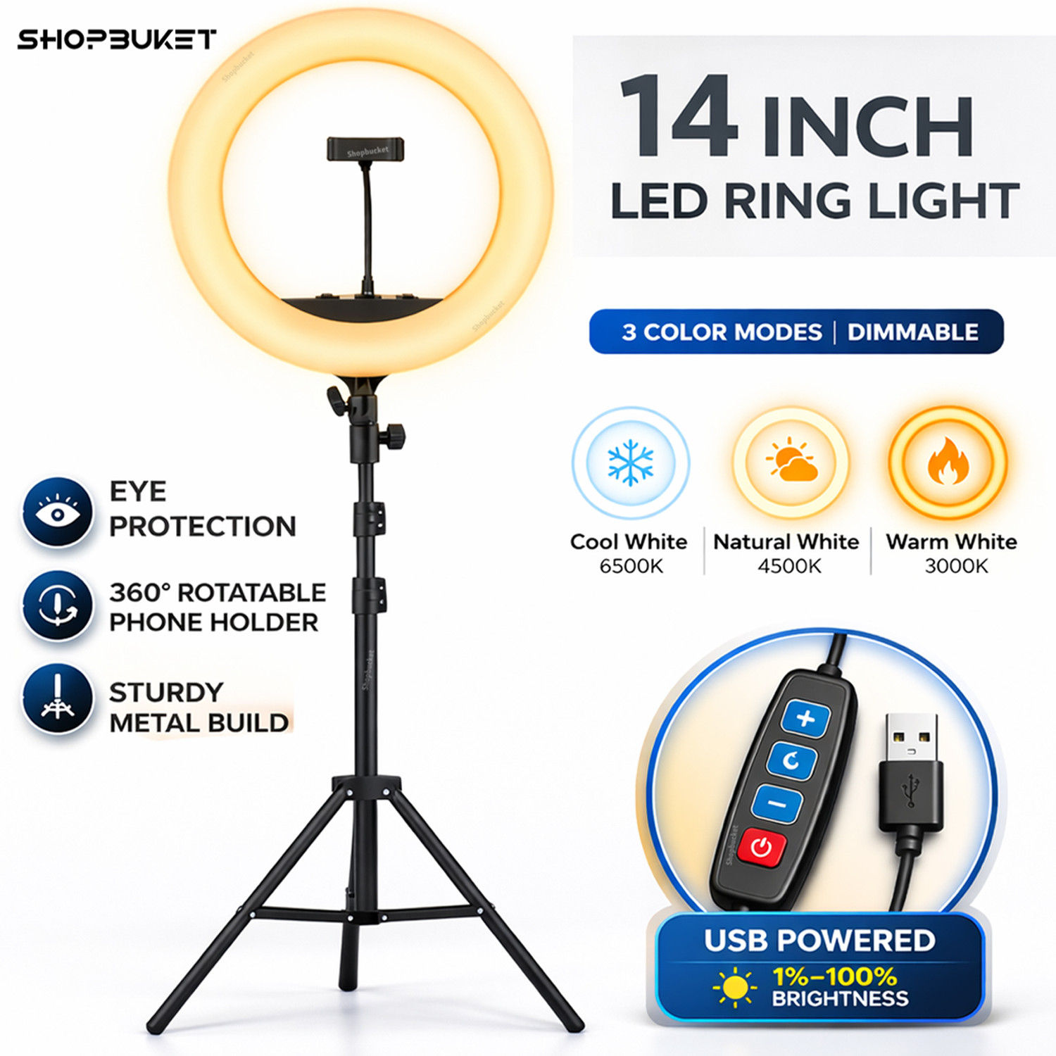 Image of shopbucket 14 Inch LED Ring Light 7 Ft Tripod Stand 3 Mode for Creator Setup Ring Flash (White)