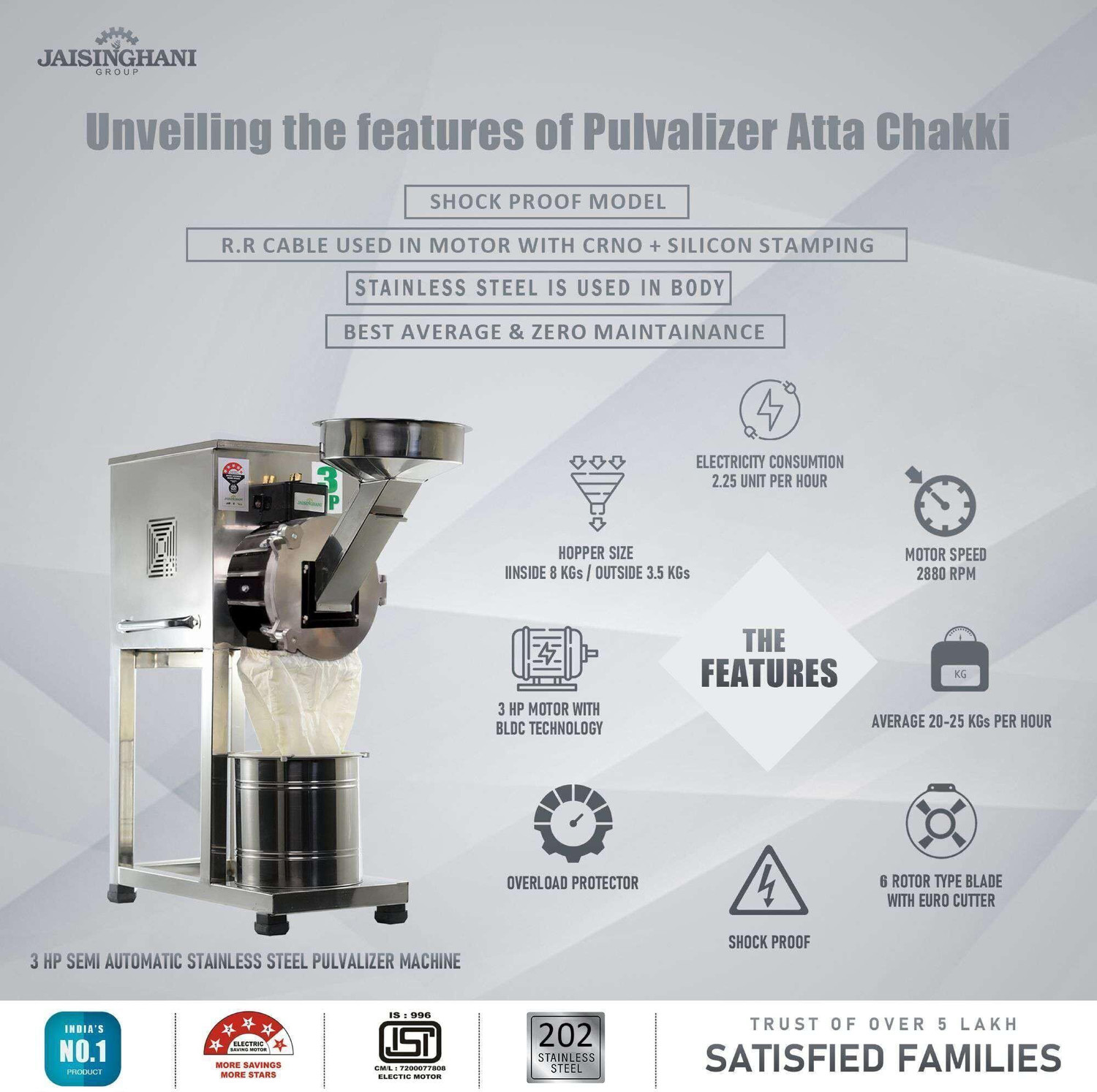 Image of Jaisinghani Group 3HP 2in1 Stainless Steel Pulverizer Machine | Domestic & Commercial Purpose Flourmill