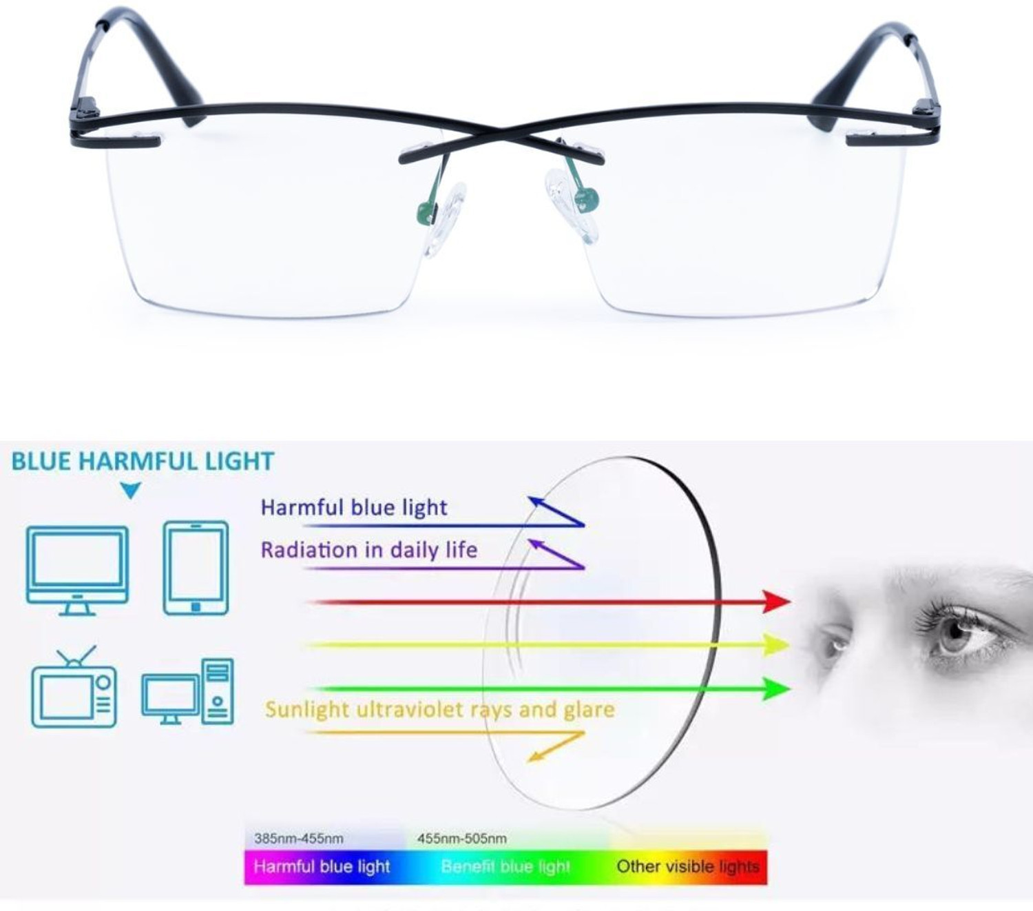 Image of Eyeglasses Half Rim Rectangle Anti Glare Frame For Men & Women (135 mm)