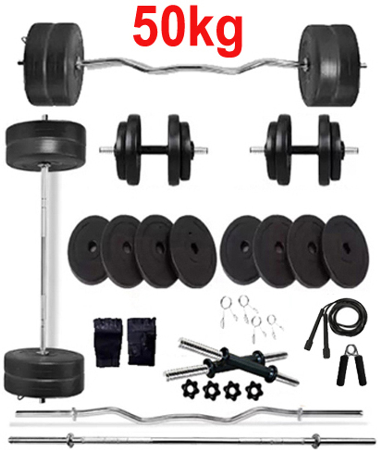 Image of ANSH FIT 2.275 kg 50KG PVC Complete Gym Kit with Dumbbell Rods, Straight Bar & Accessories Home Gym Combo