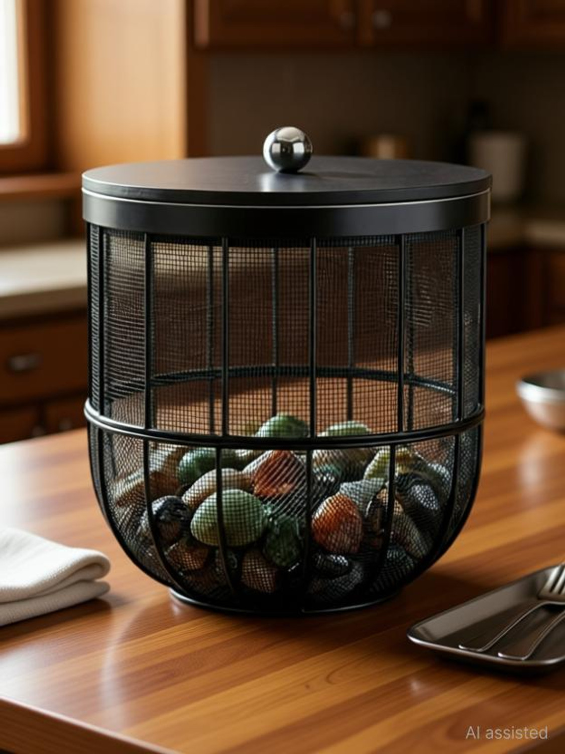 Image of kichenkraft Apple Shape Fruit & Vegetable Basket With Protective Lid Plastic, Stainless Steel Fruit & Vegetable Basket (Multicolor)