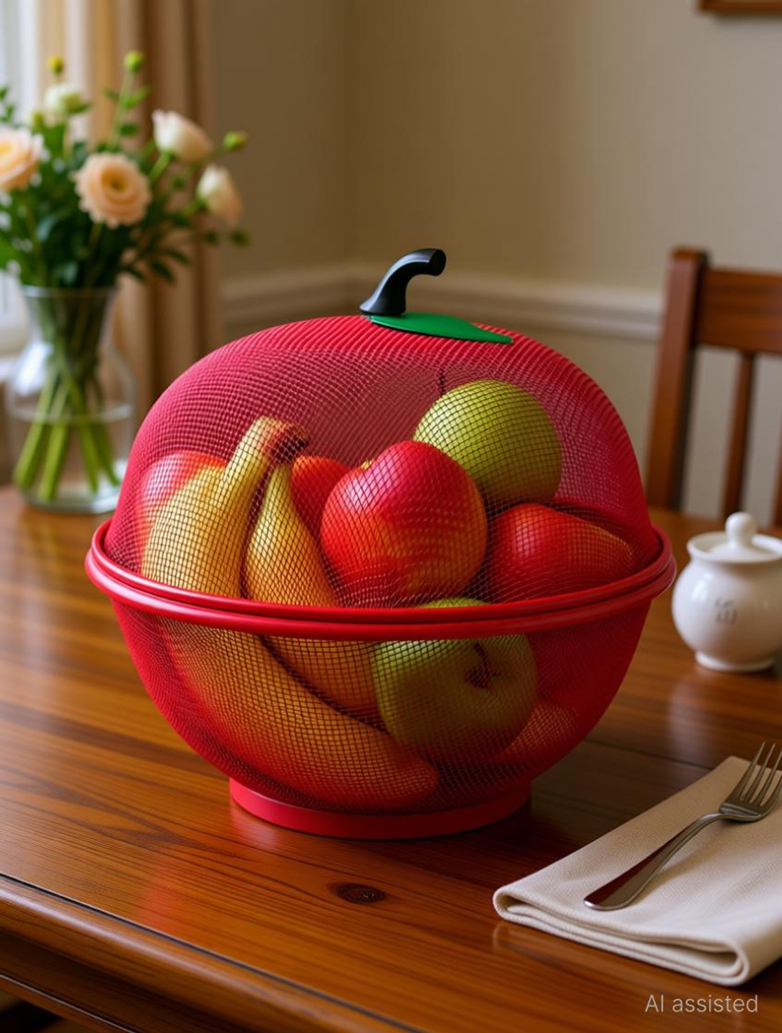Image of kichenkraft Apple Shape Fruit & Vegetable Basket With Protective Lid Plastic, Stainless Steel Fruit & Vegetable Basket (Multicolor)