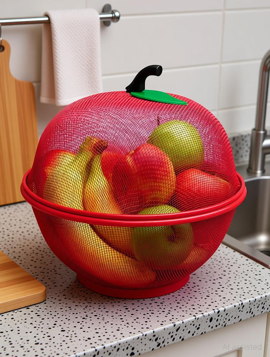 Image of kichenkraft Apple Shape Fruit & Vegetable Basket With Protective Lid Plastic, Stainless Steel Fruit & Vegetable Basket (Multicolor)