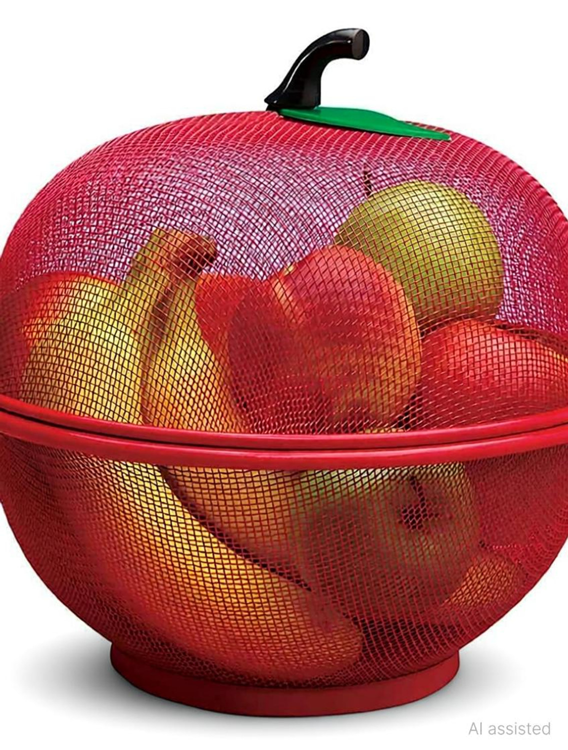 Image of kichenkraft Apple Shape Fruit & Vegetable Basket With Protective Lid Plastic, Stainless Steel Fruit & Vegetable Basket (Multicolor)
