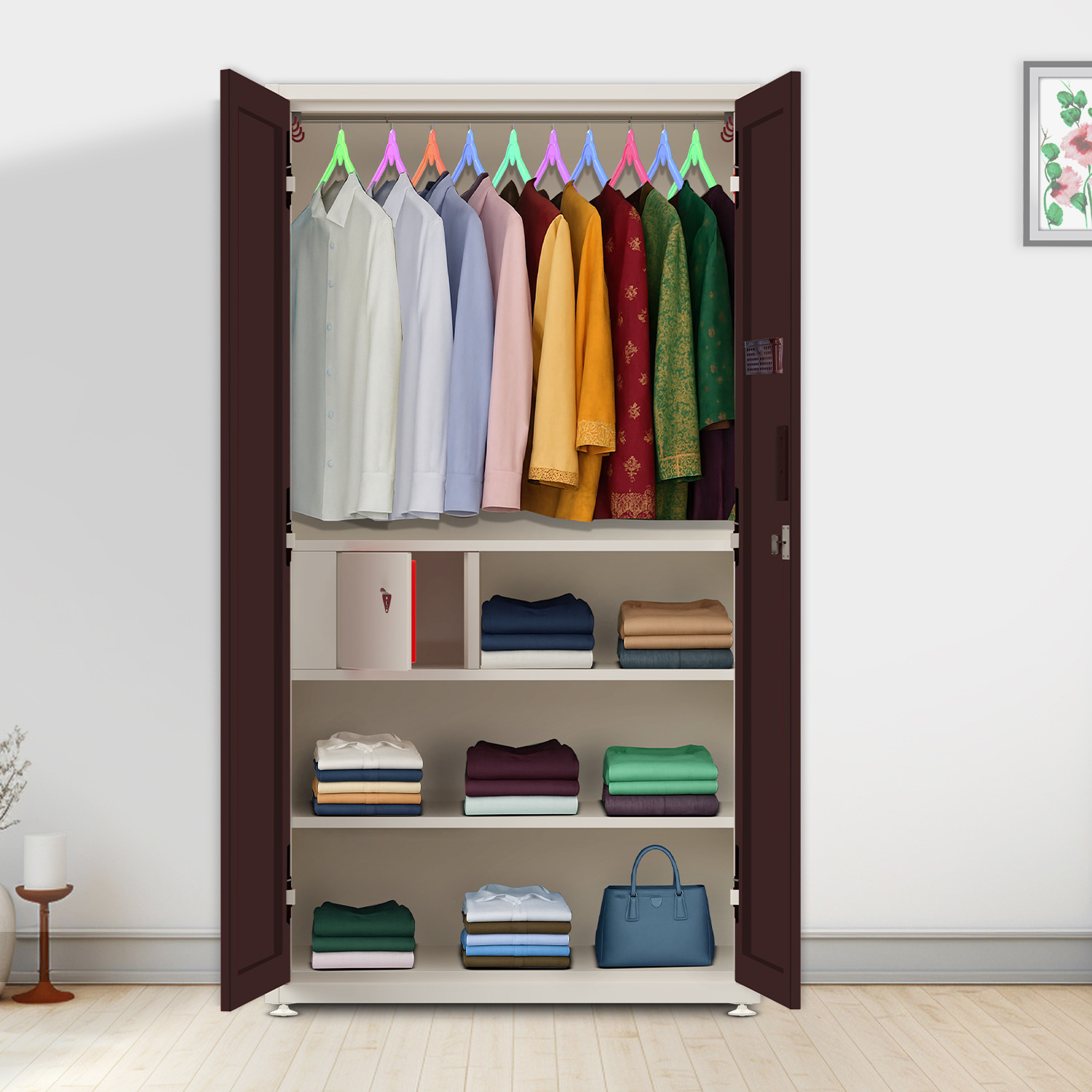 Image of Interio by Godrej Slimline 3 Door Alpine White with Locker and Leaf Design Mirror Metal Almirah (Finish Color - Portabella Matte, Knock Down)