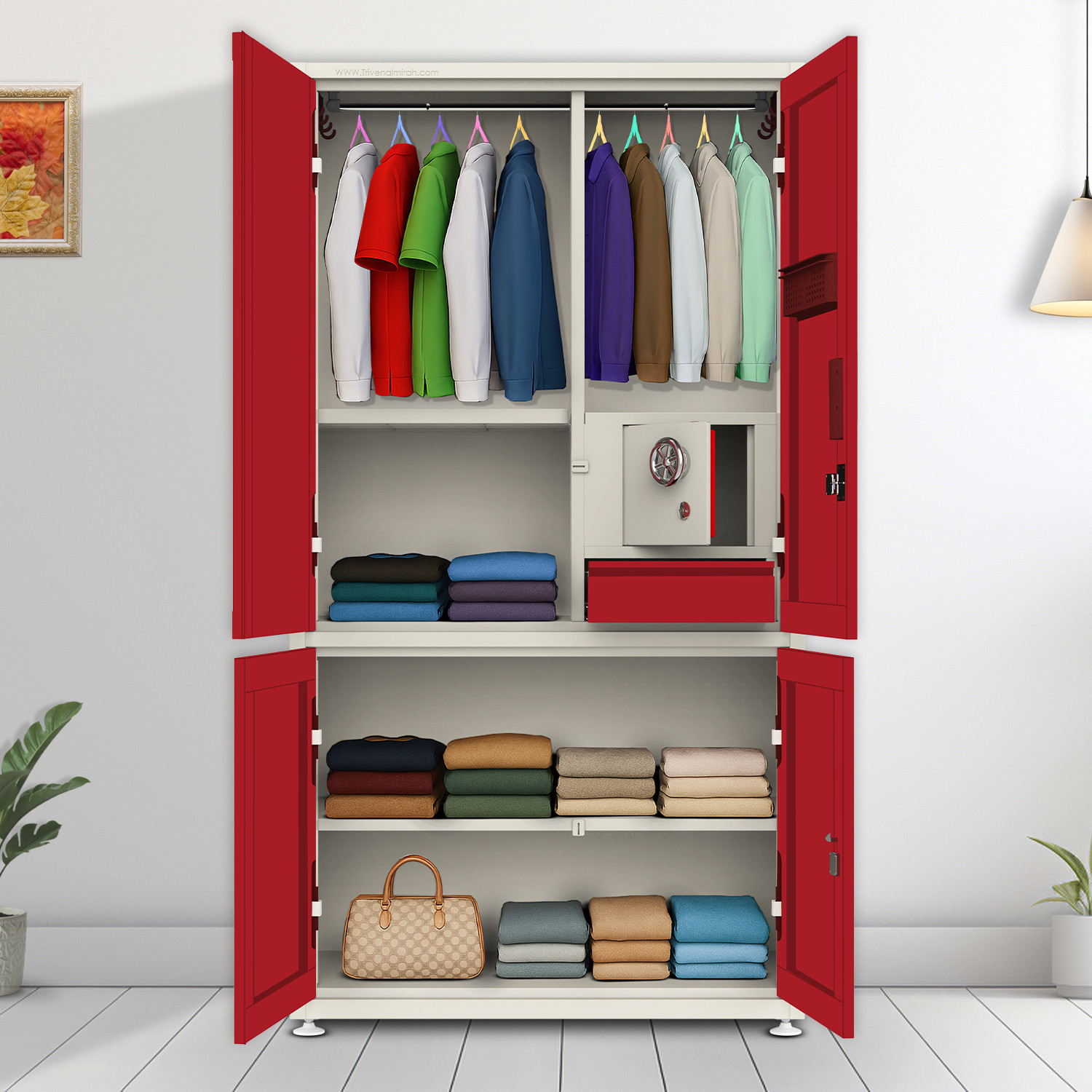 Image of Interio by Godrej Slimline 3 Door Alpine White with Locker and Leaf Design Mirror Metal Almirah (Finish Color - Portabella Matte, Knock Down)