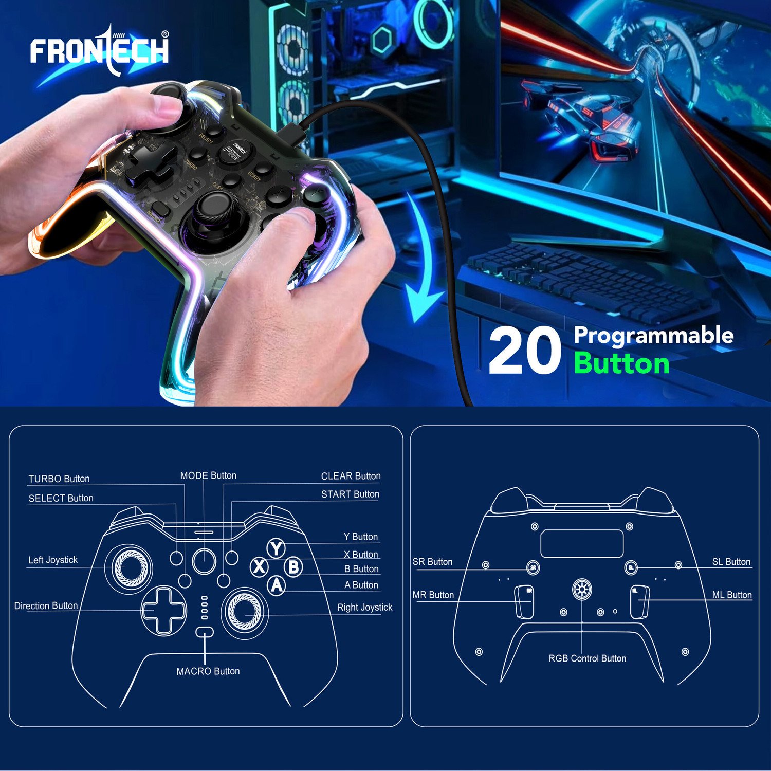 Image of Frontech Wired Type-C Gaming Controller |Dual Vibration Motors | RGB Light (GP-0001) USB Gamepad (Black, For Windows 10, PS3, Android)