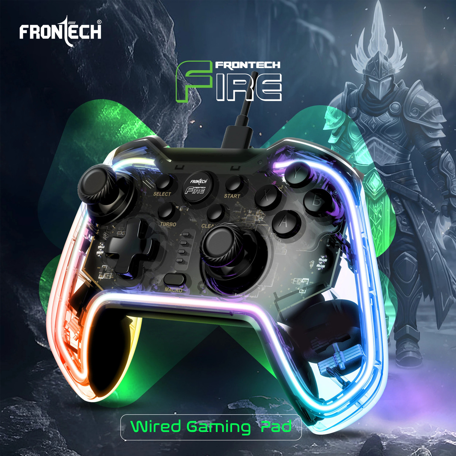Image of Frontech Wired Type-C Gaming Controller |Dual Vibration Motors | RGB Light (GP-0001) USB Gamepad (Black, For Windows 10, PS3, Android)