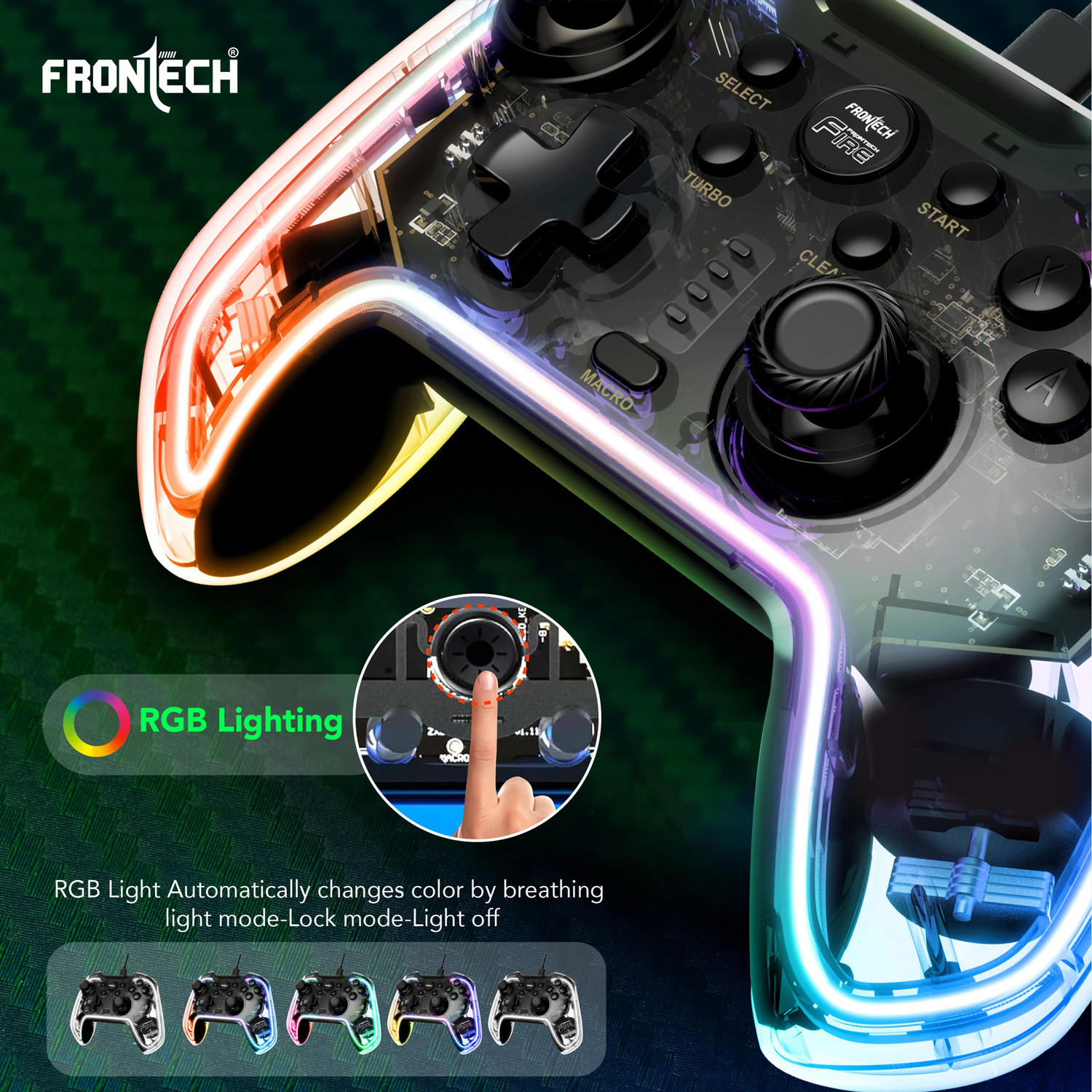 Image of Frontech Wired Type-C Gaming Controller |Dual Vibration Motors | RGB Light (GP-0001) USB Gamepad (Black, For Windows 10, PS3, Android)