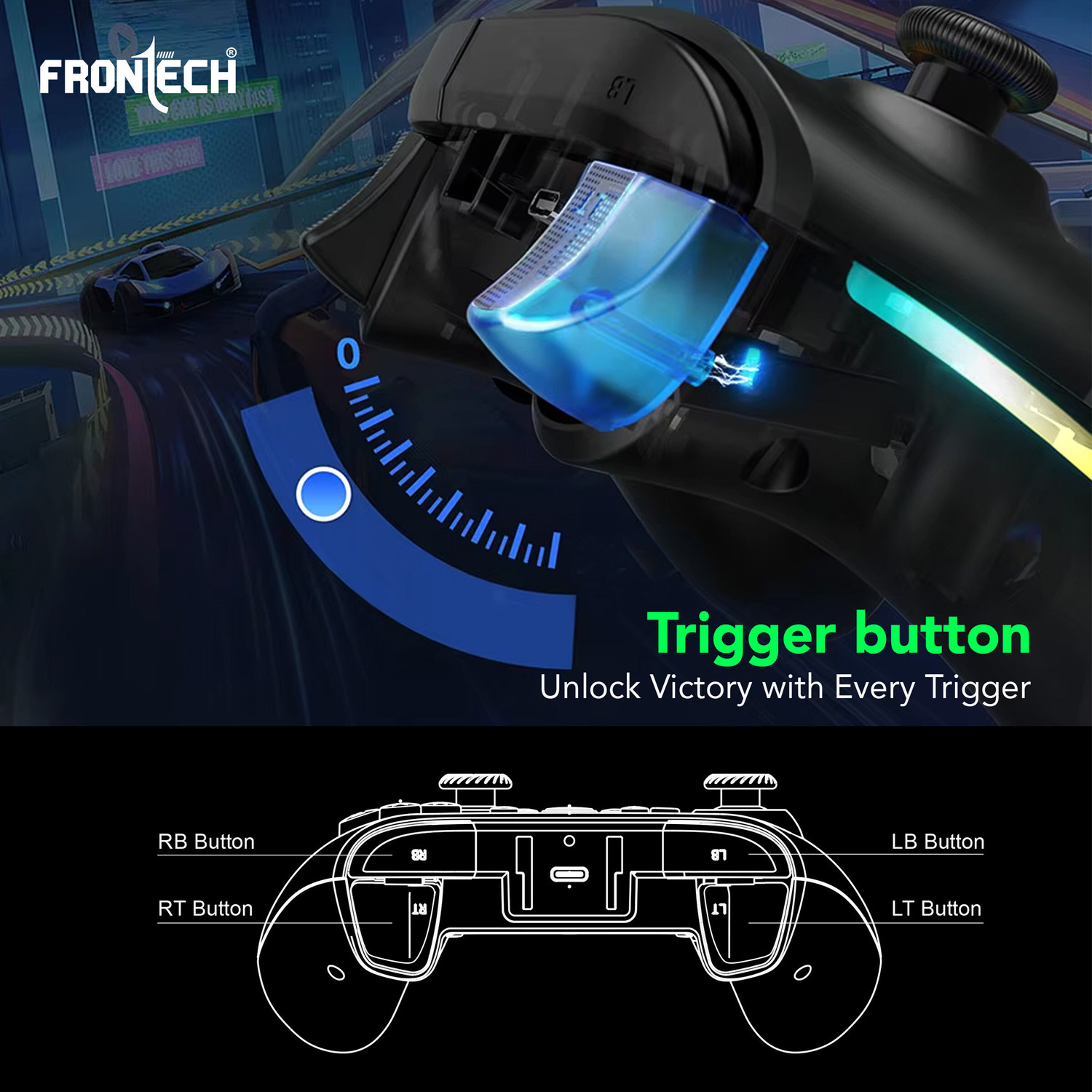Image of Frontech Wired Type-C Gaming Controller |Dual Vibration Motors | RGB Light (GP-0001) USB Gamepad (Black, For Windows 10, PS3, Android)