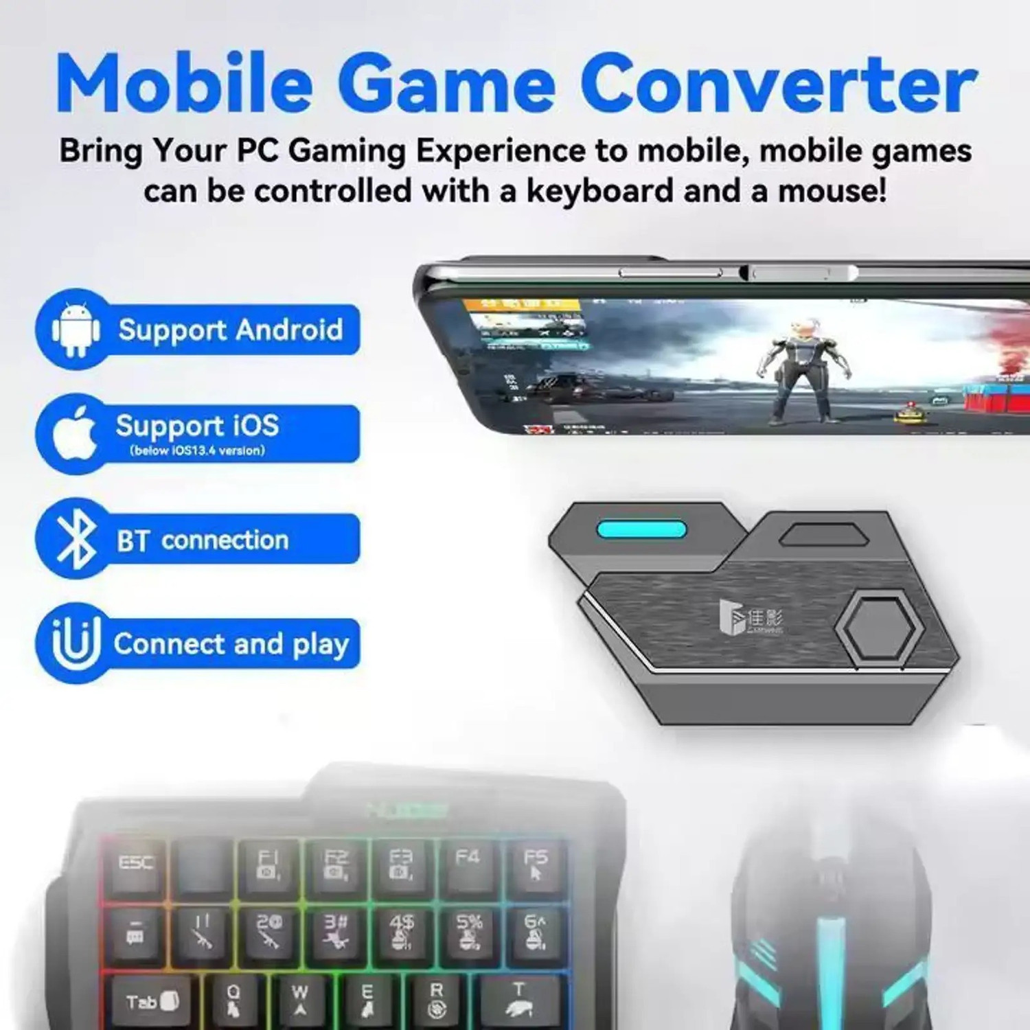 Image of HG WORLD 5 in 1 Gaming Keyboard Mouse Converter, Mobile Game Combo Pack Gaming Accessory Kit (Black, For Android, iOS)
