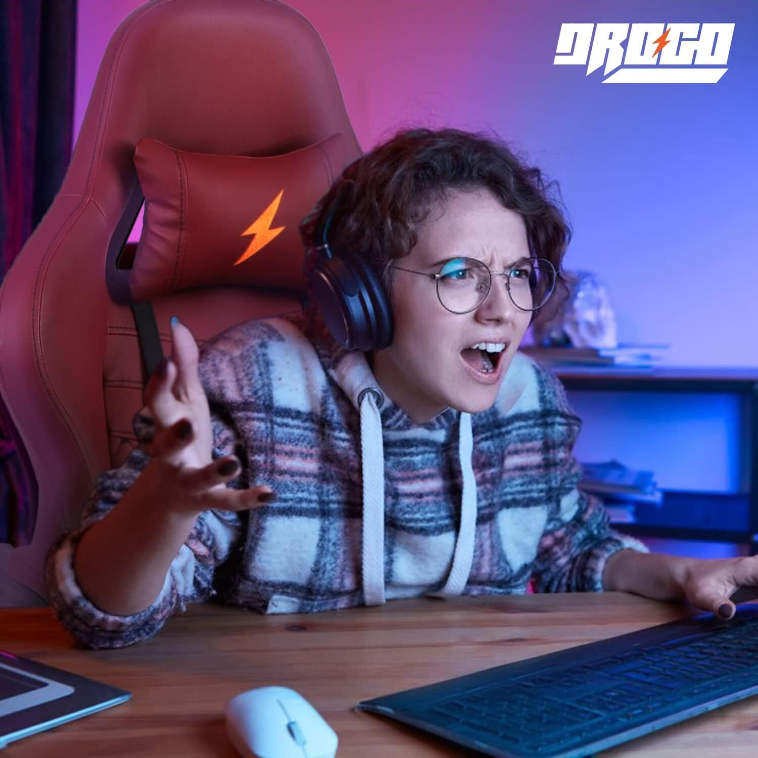 Image of Drogo Ergonomic Gaming Chair with Head & USB Massager, PU Leather Lumbar Pillow Gaming Chair (Red)