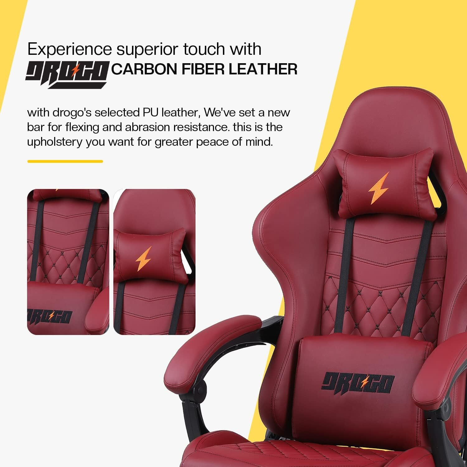 Image of Drogo Ergonomic Gaming Chair with Head & USB Massager, PU Leather Lumbar Pillow Gaming Chair (Red)